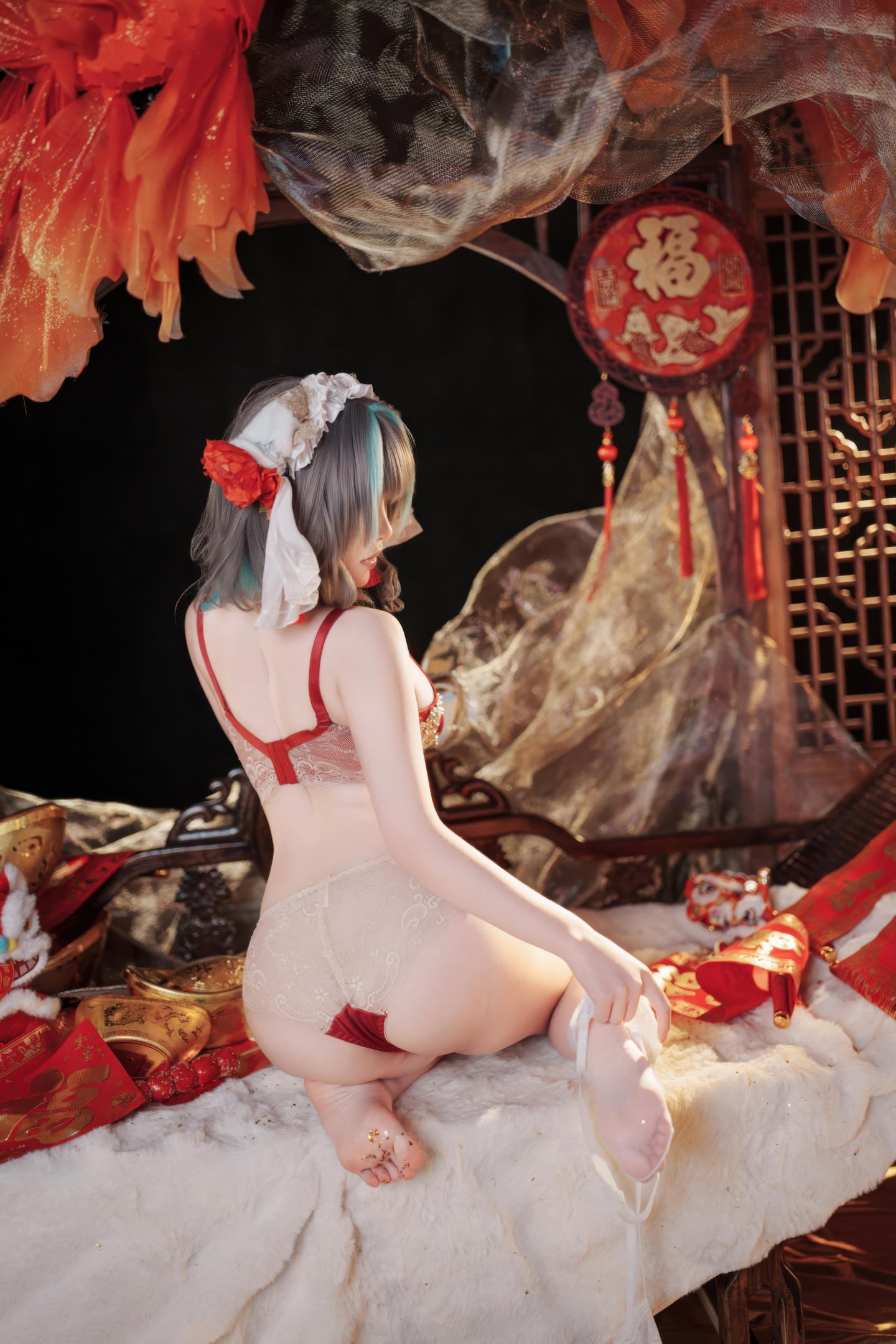[คอสเพลย์] Bangni邦尼 - 碧蓝航线 柴郡 ตรุษจีน: ชุดกี่เพ้าแดง ถุงน่องขาว เผยอวัยวะ 66P7V