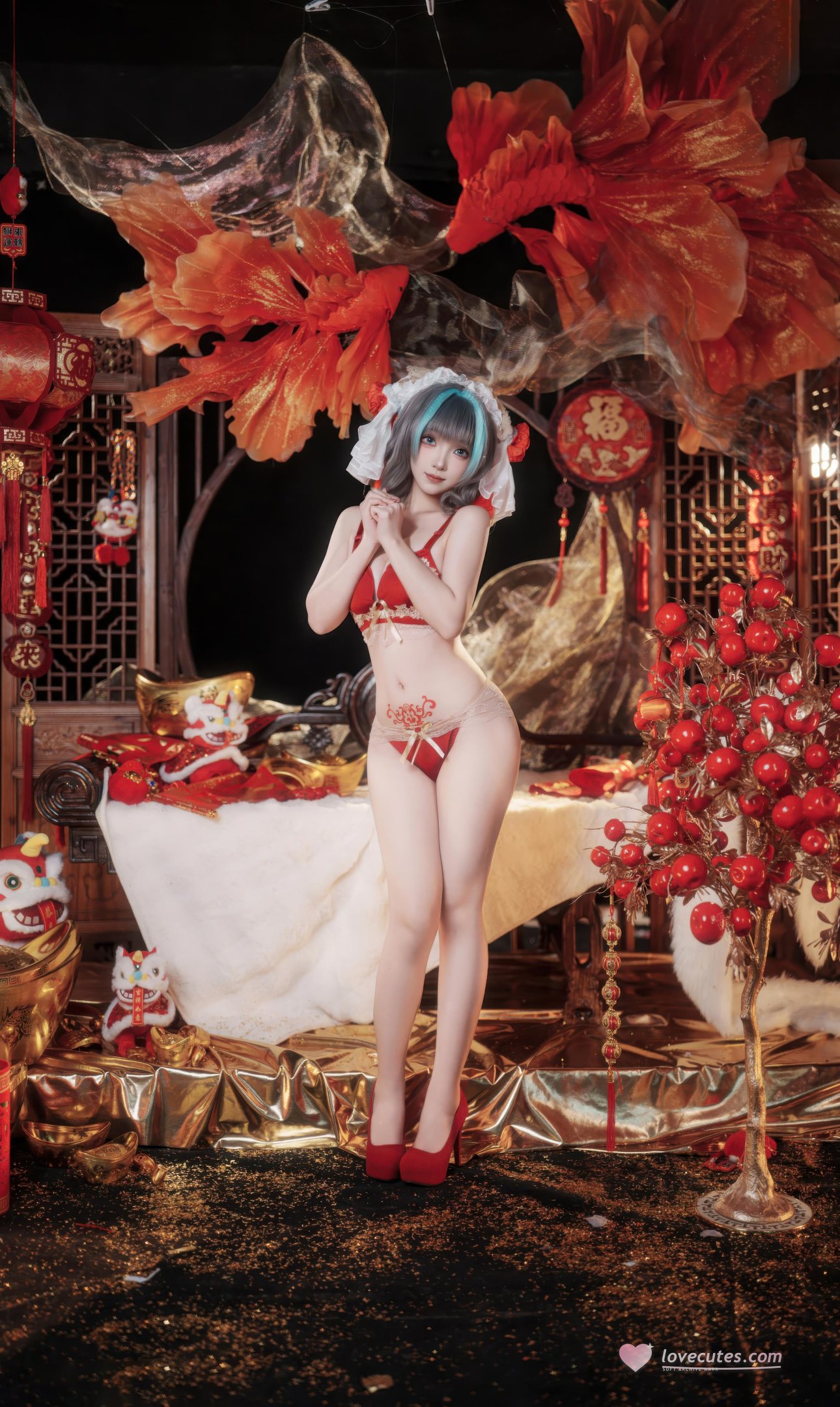 [คอสเพลย์] Bangni邦尼 - 碧蓝航线 柴郡 ตรุษจีน: ชุดกี่เพ้าแดง ถุงน่องขาว เผยอวัยวะ 66P7V