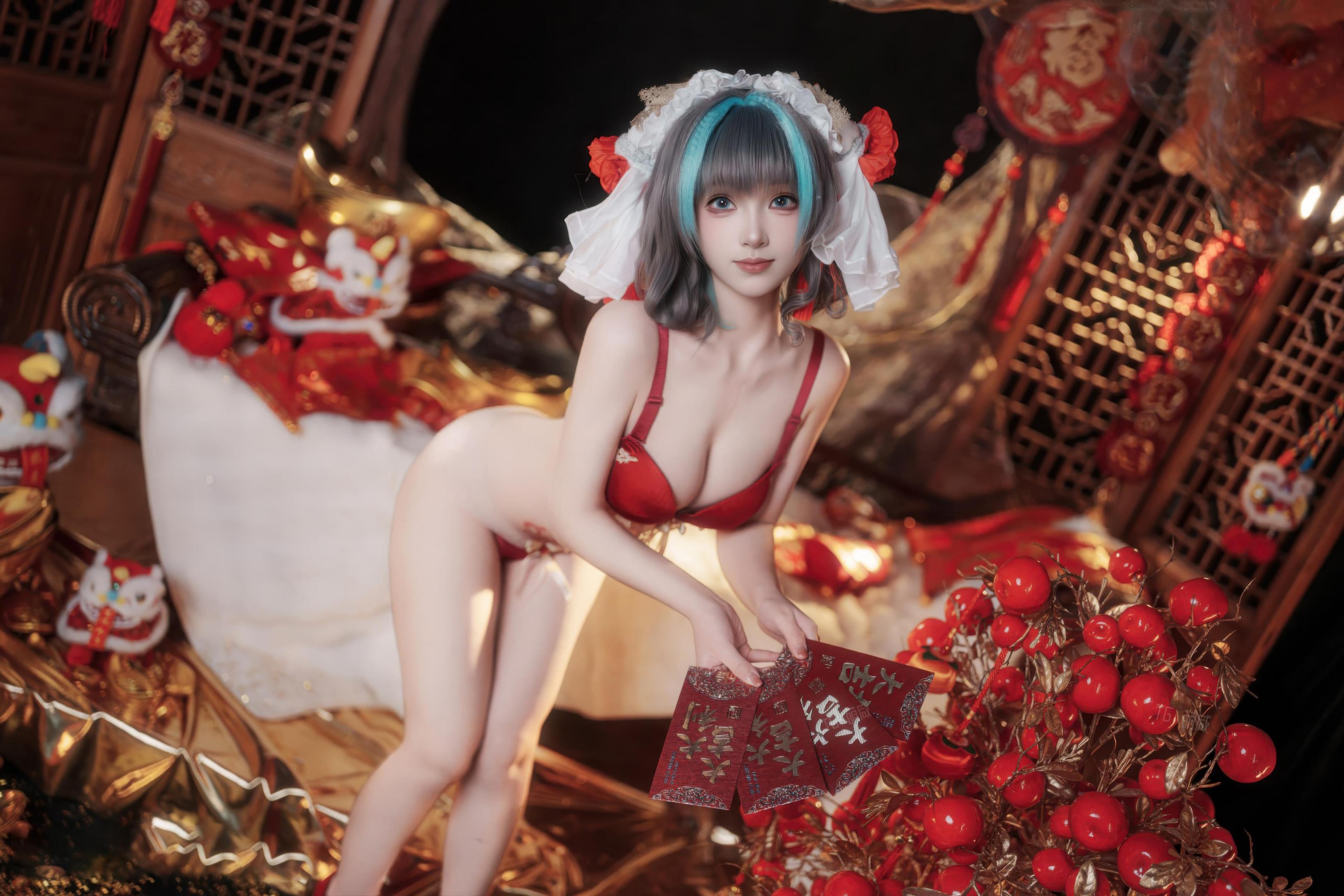 [คอสเพลย์] Bangni邦尼 - 碧蓝航线 柴郡 ตรุษจีน: ชุดกี่เพ้าแดง ถุงน่องขาว เผยอวัยวะ 66P7V