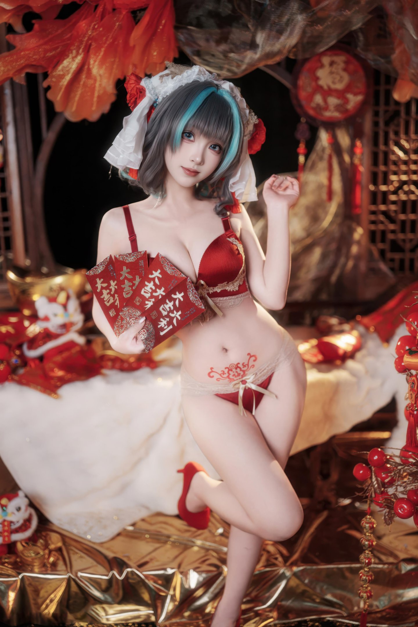 [คอสเพลย์] Bangni邦尼 - 碧蓝航线 柴郡 ตรุษจีน: ชุดกี่เพ้าแดง ถุงน่องขาว เผยอวัยวะ 66P7V