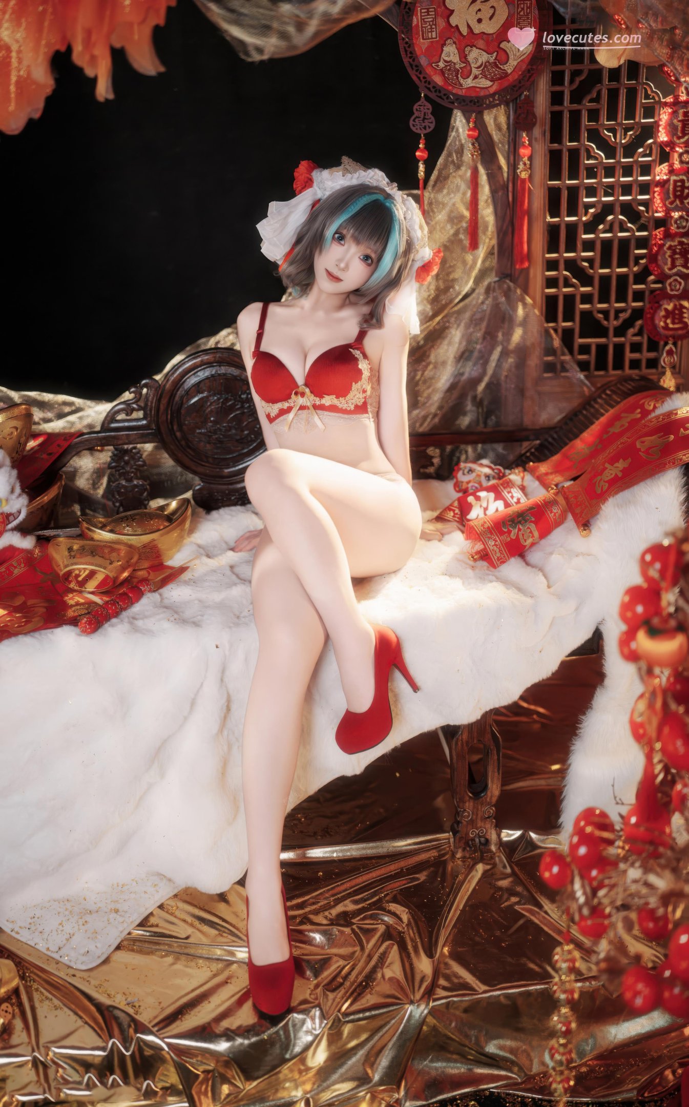 [คอสเพลย์] Bangni邦尼 - 碧蓝航线 柴郡 ตรุษจีน: ชุดกี่เพ้าแดง ถุงน่องขาว เผยอวัยวะ 66P7V