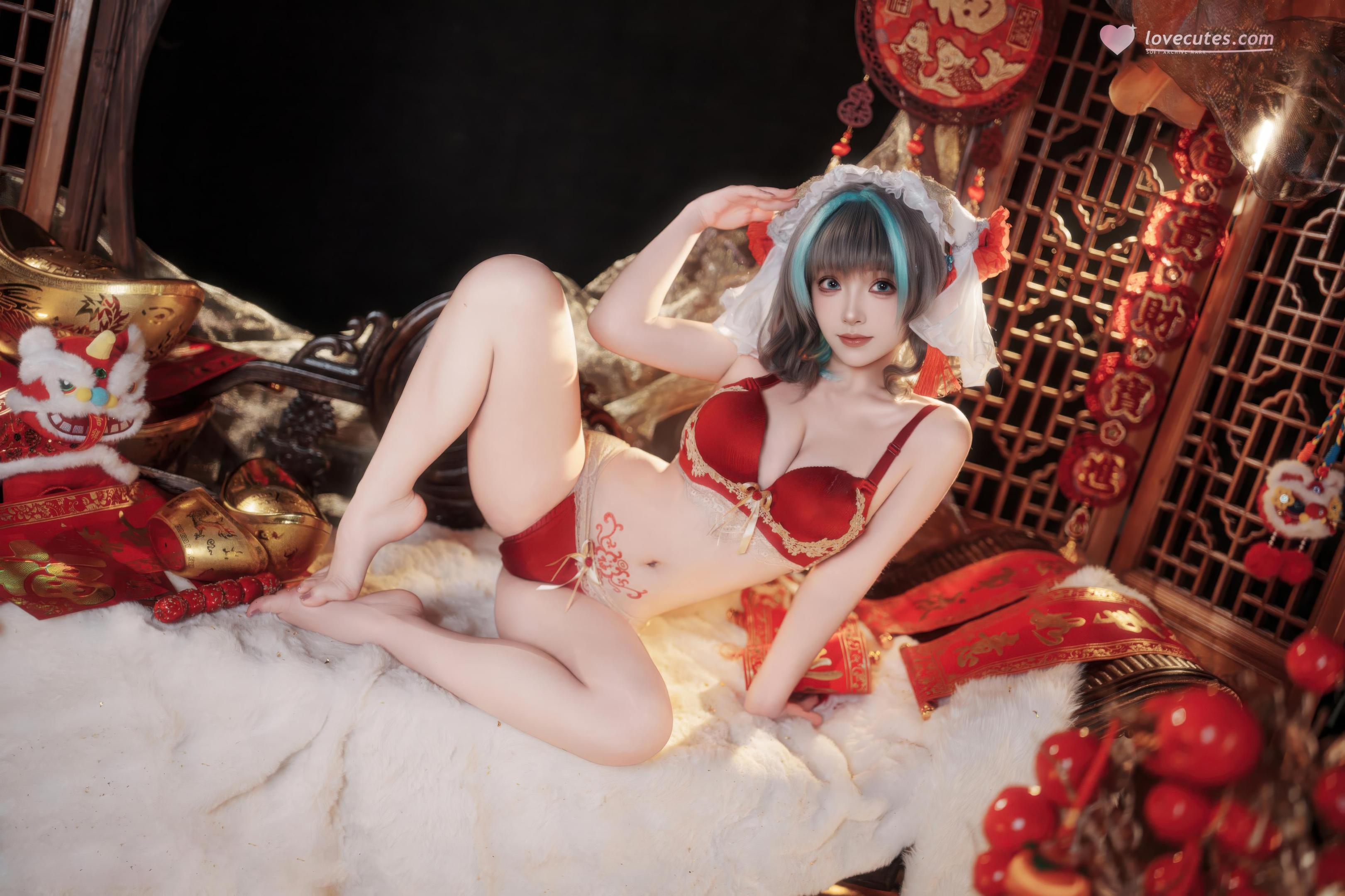 [คอสเพลย์] Bangni邦尼 - 碧蓝航线 柴郡 ตรุษจีน: ชุดกี่เพ้าแดง ถุงน่องขาว เผยอวัยวะ 66P7V