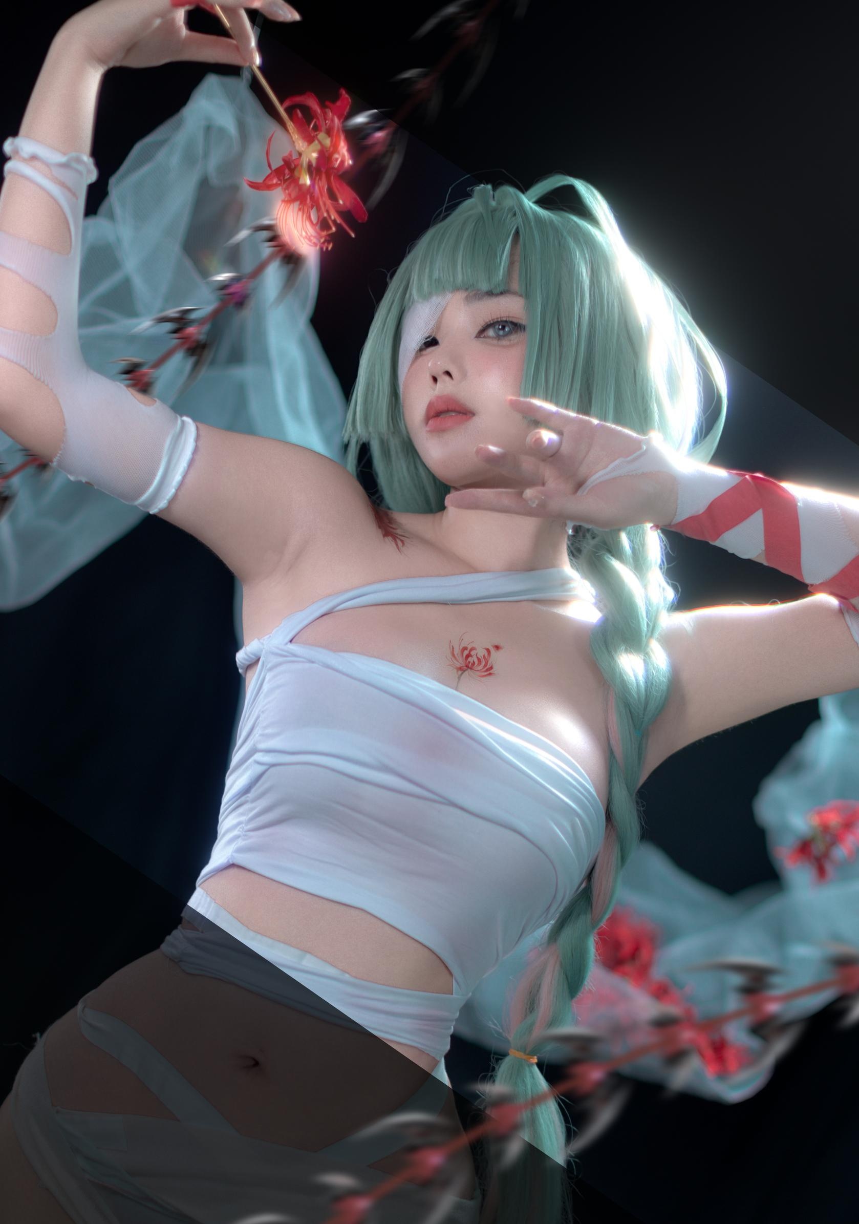 [cosplay] 钛合金TiTi - 弗洛洛：绿发白丝绑缚 巨乳角色还原 91P