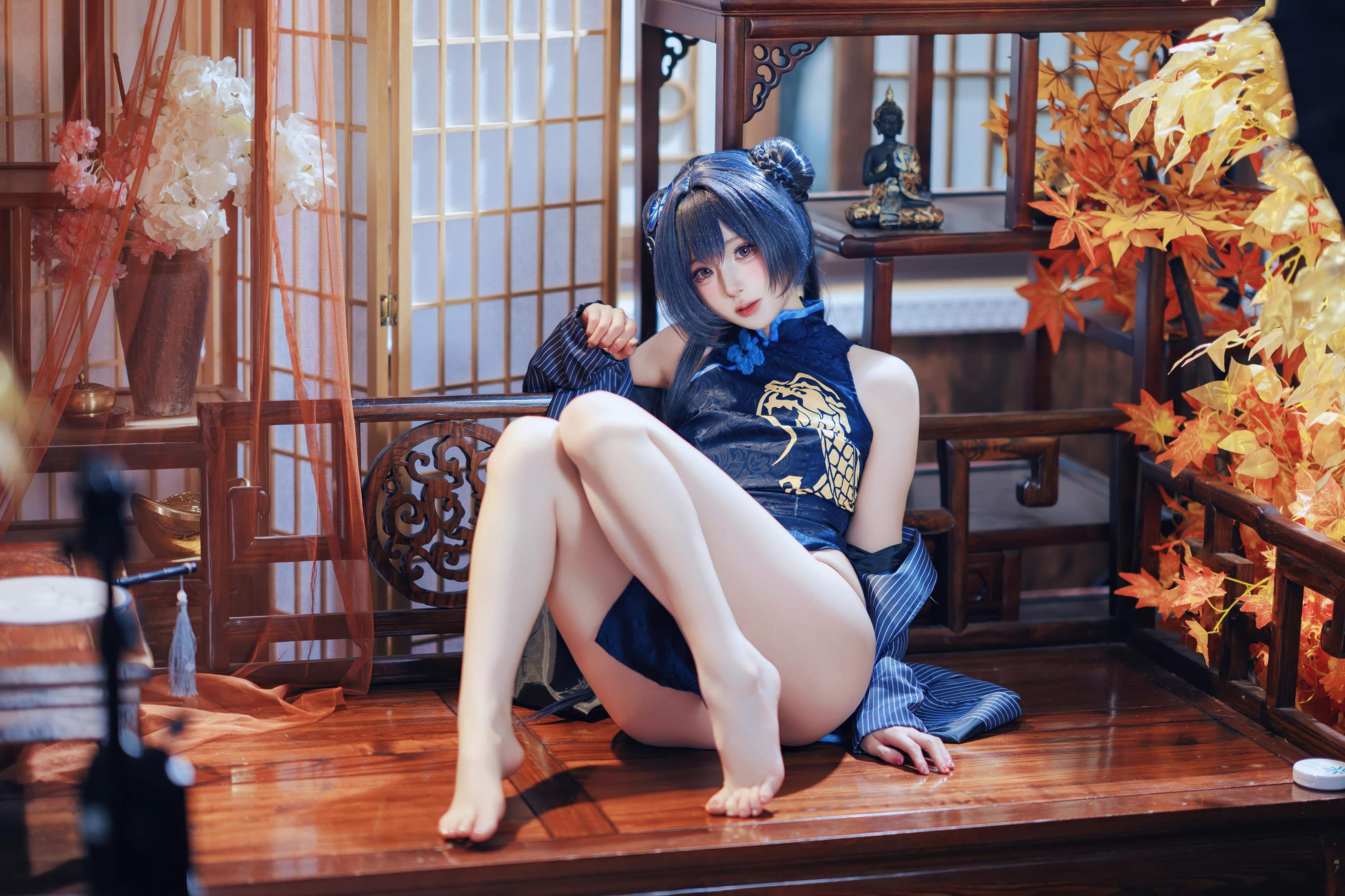 [คอสเพลย์] 西园寺南歌 - 蔚蓝档案 妃咲：ชุดกี่เพ้า สีน้ำเงิน ถุงน่องดำ โชว์สะโพก ขนาดใหญ่ 50P