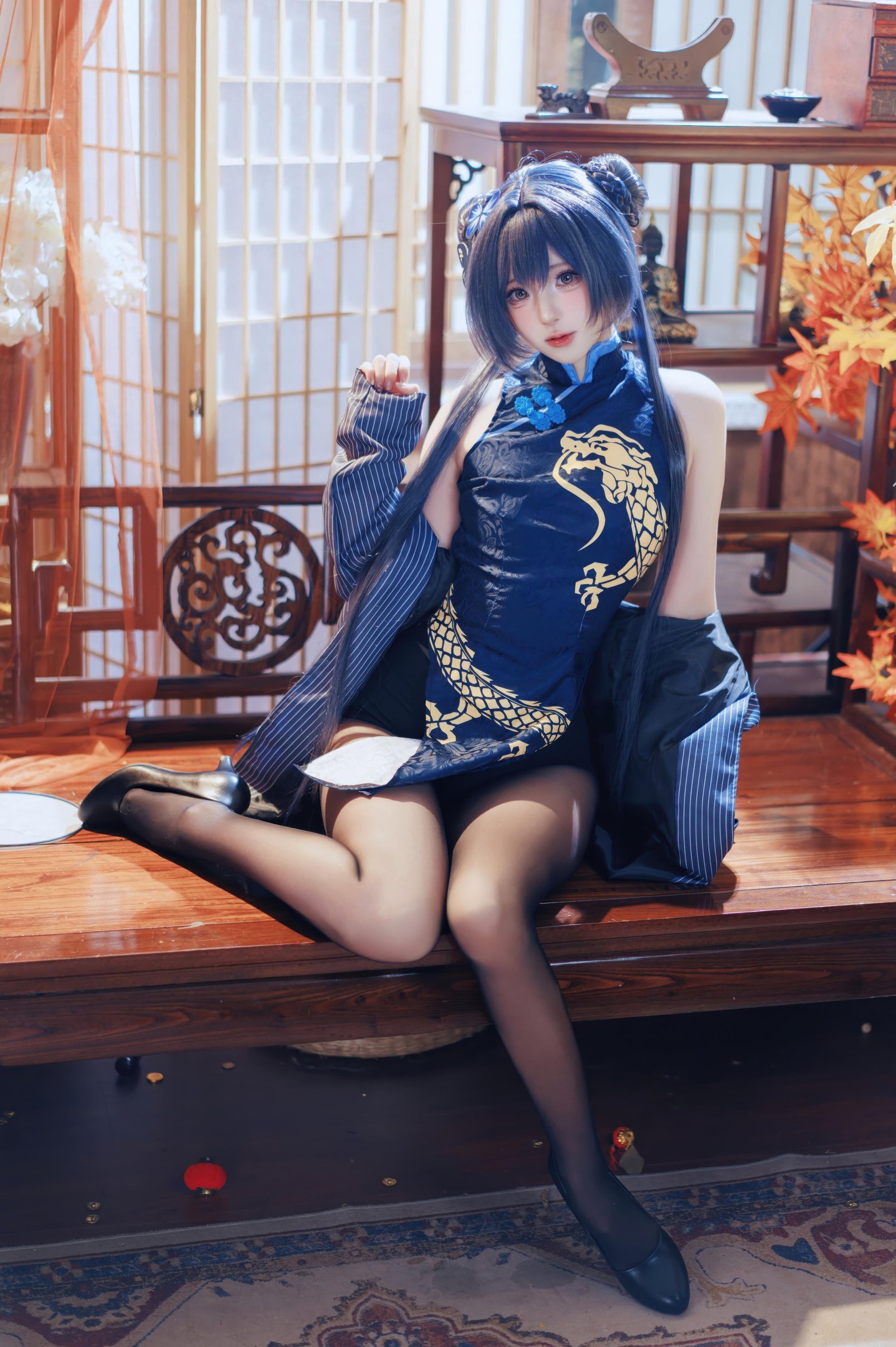 [คอสเพลย์] 西园寺南歌 - 蔚蓝档案 妃咲：ชุดกี่เพ้า สีน้ำเงิน ถุงน่องดำ โชว์สะโพก ขนาดใหญ่ 50P