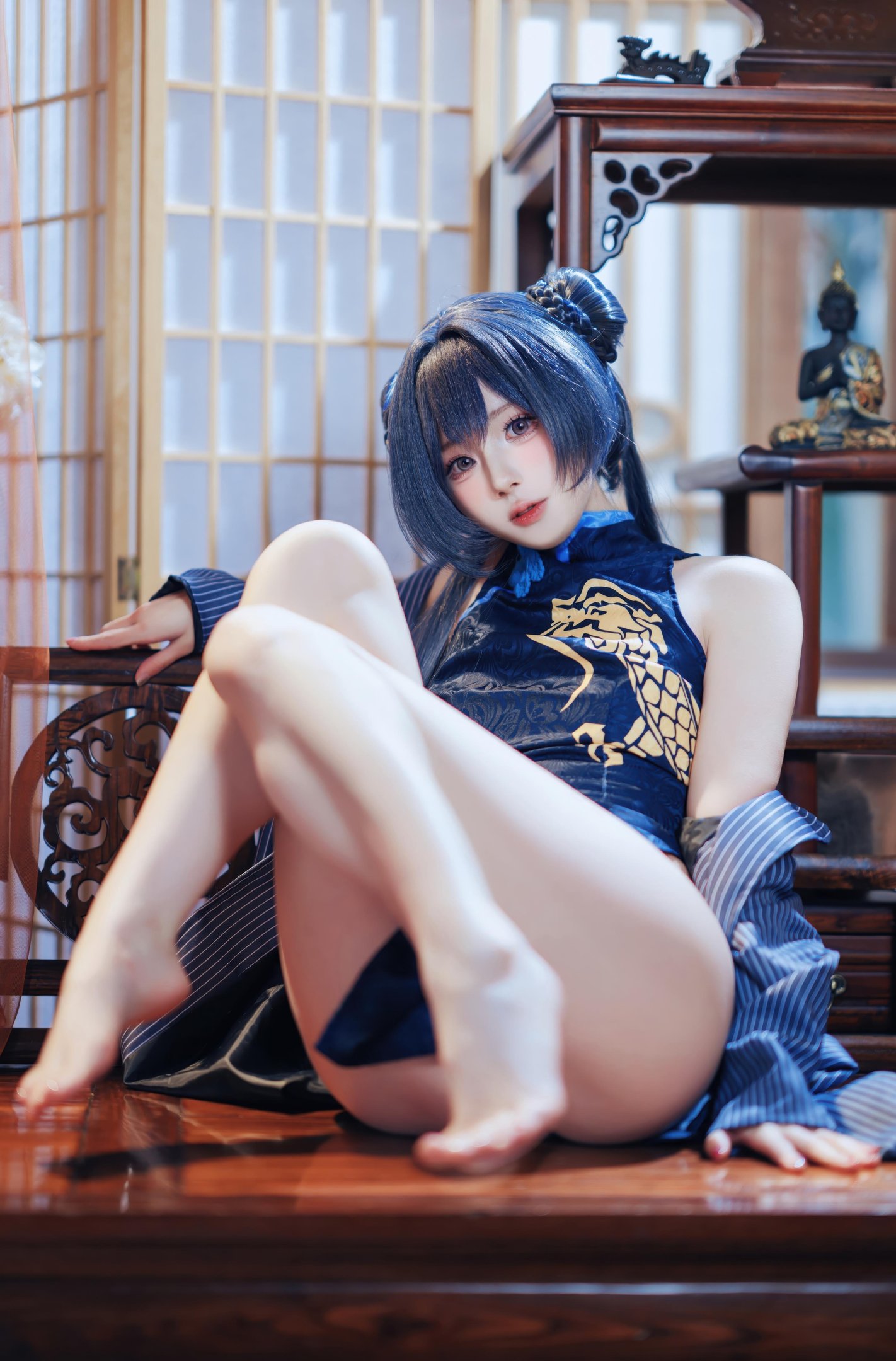 [คอสเพลย์] 西园寺南歌 - 蔚蓝档案 妃咲：ชุดกี่เพ้า สีน้ำเงิน ถุงน่องดำ โชว์สะโพก ขนาดใหญ่ 50P