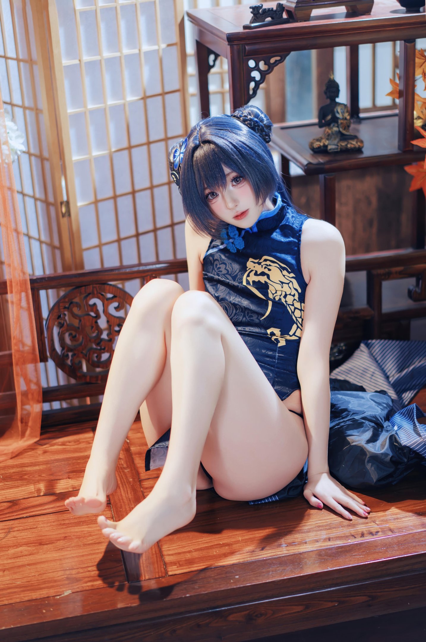 [คอสเพลย์] 西园寺南歌 - 蔚蓝档案 妃咲：ชุดกี่เพ้า สีน้ำเงิน ถุงน่องดำ โชว์สะโพก ขนาดใหญ่ 50P