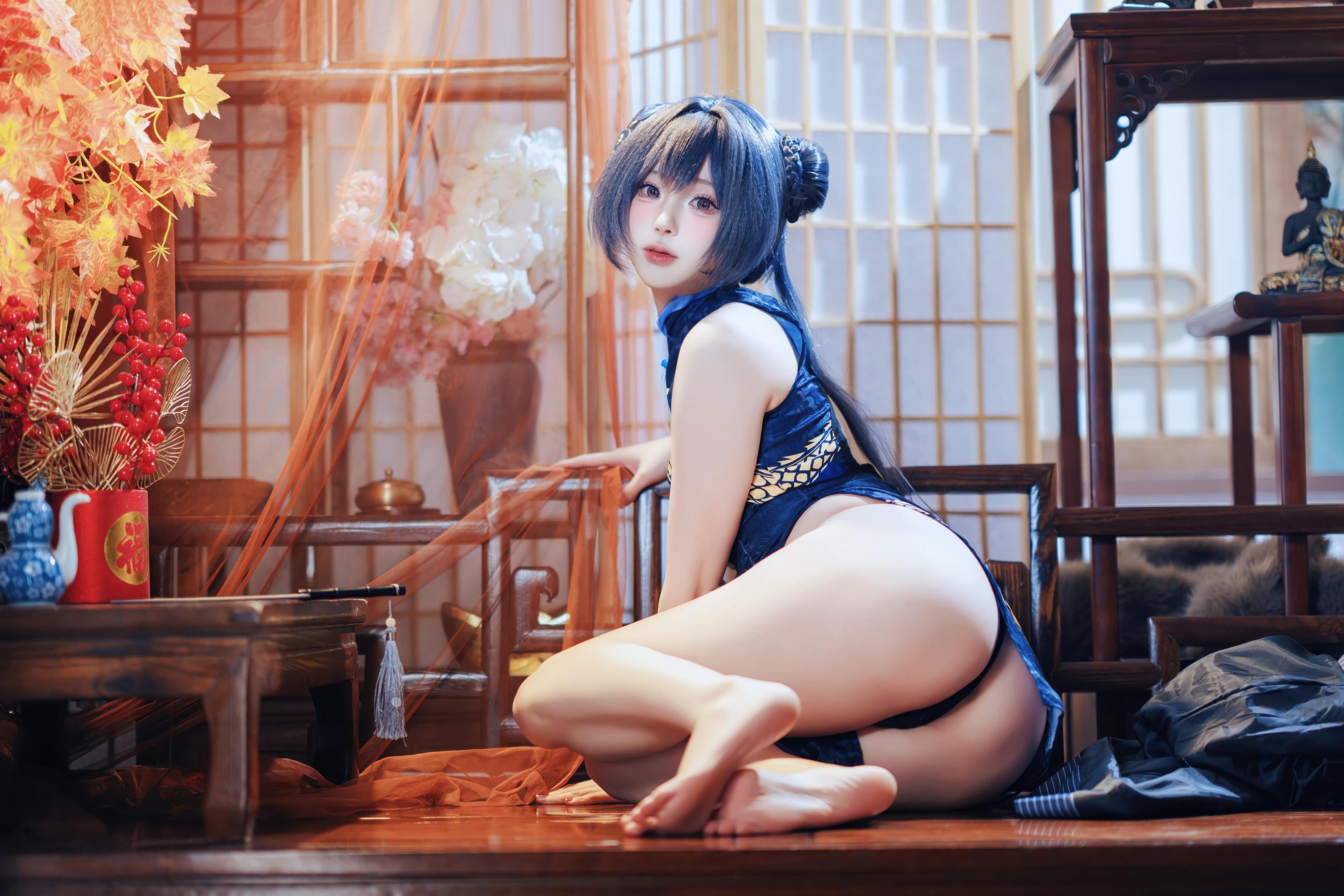 [คอสเพลย์] 西园寺南歌 - 蔚蓝档案 妃咲：ชุดกี่เพ้า สีน้ำเงิน ถุงน่องดำ โชว์สะโพก ขนาดใหญ่ 50P