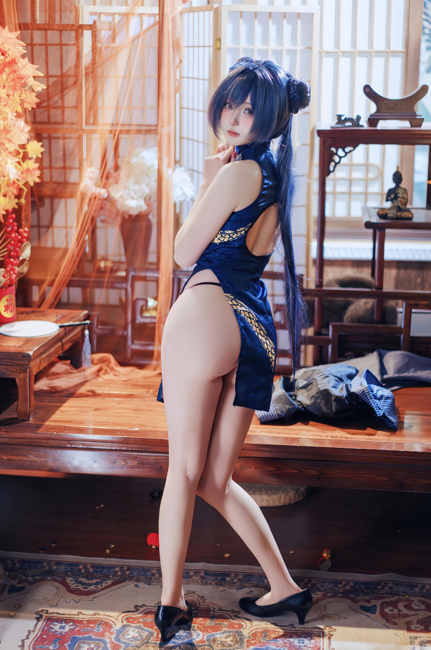 [คอสเพลย์] 西园寺南歌 - 蔚蓝档案 妃咲：ชุดกี่เพ้า สีน้ำเงิน ถุงน่องดำ โชว์สะโพก ขนาดใหญ่ 50P