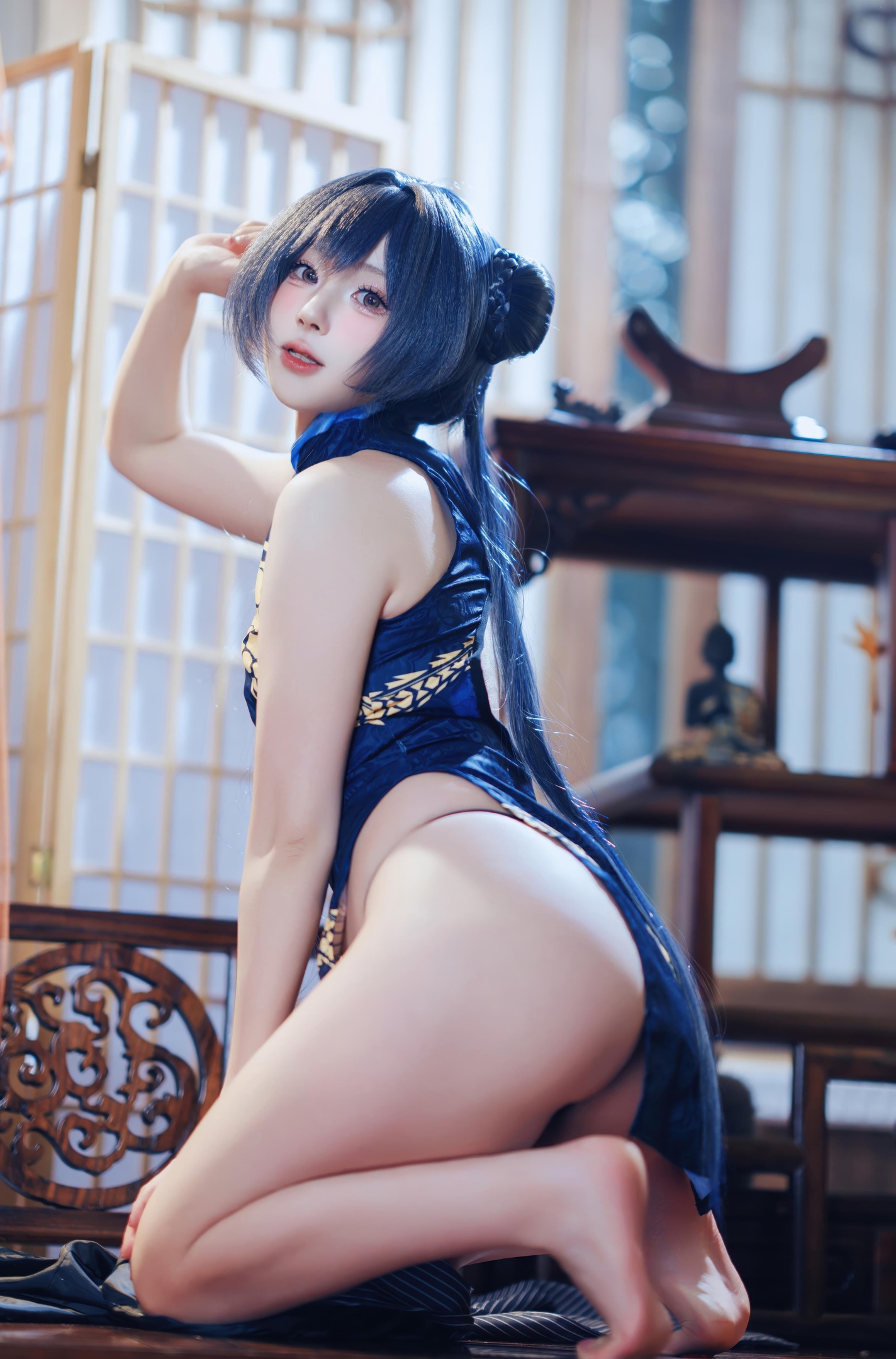 [คอสเพลย์] 西园寺南歌 - 蔚蓝档案 妃咲：ชุดกี่เพ้า สีน้ำเงิน ถุงน่องดำ โชว์สะโพก ขนาดใหญ่ 50P
