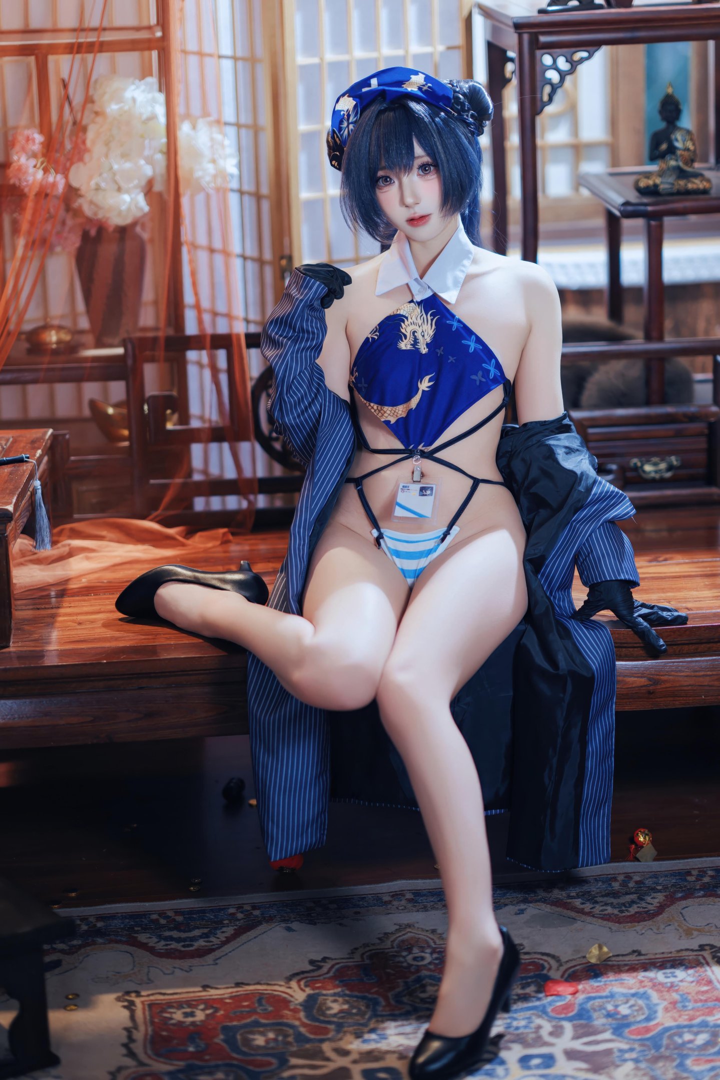 [คอสเพลย์] 西园寺南歌 - 蔚蓝档案 妃咲：ชุดกี่เพ้า สีน้ำเงิน ถุงน่องดำ โชว์สะโพก ขนาดใหญ่ 50P