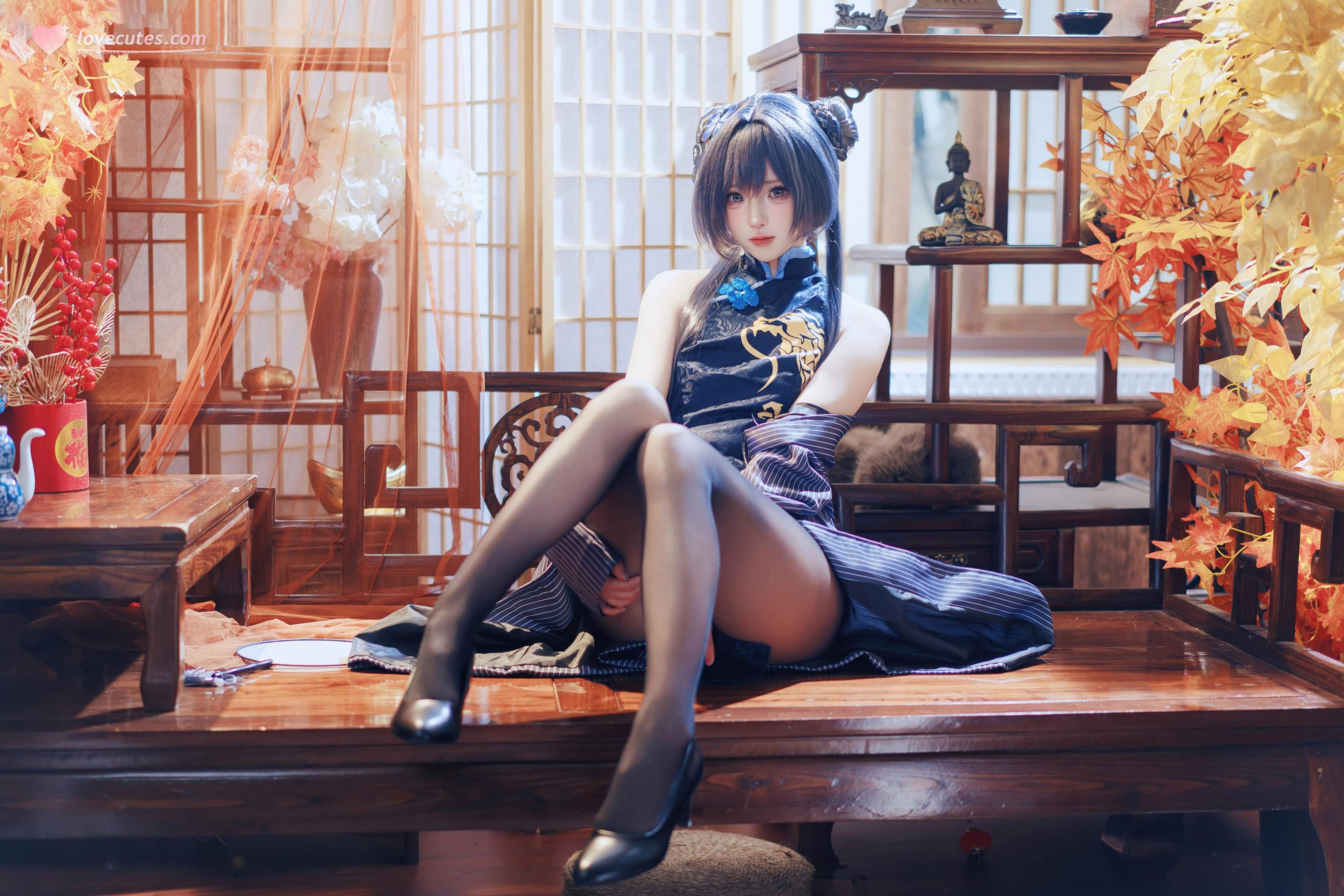 [คอสเพลย์] 西园寺南歌 - 蔚蓝档案 妃咲：ชุดกี่เพ้า สีน้ำเงิน ถุงน่องดำ โชว์สะโพก ขนาดใหญ่ 50P