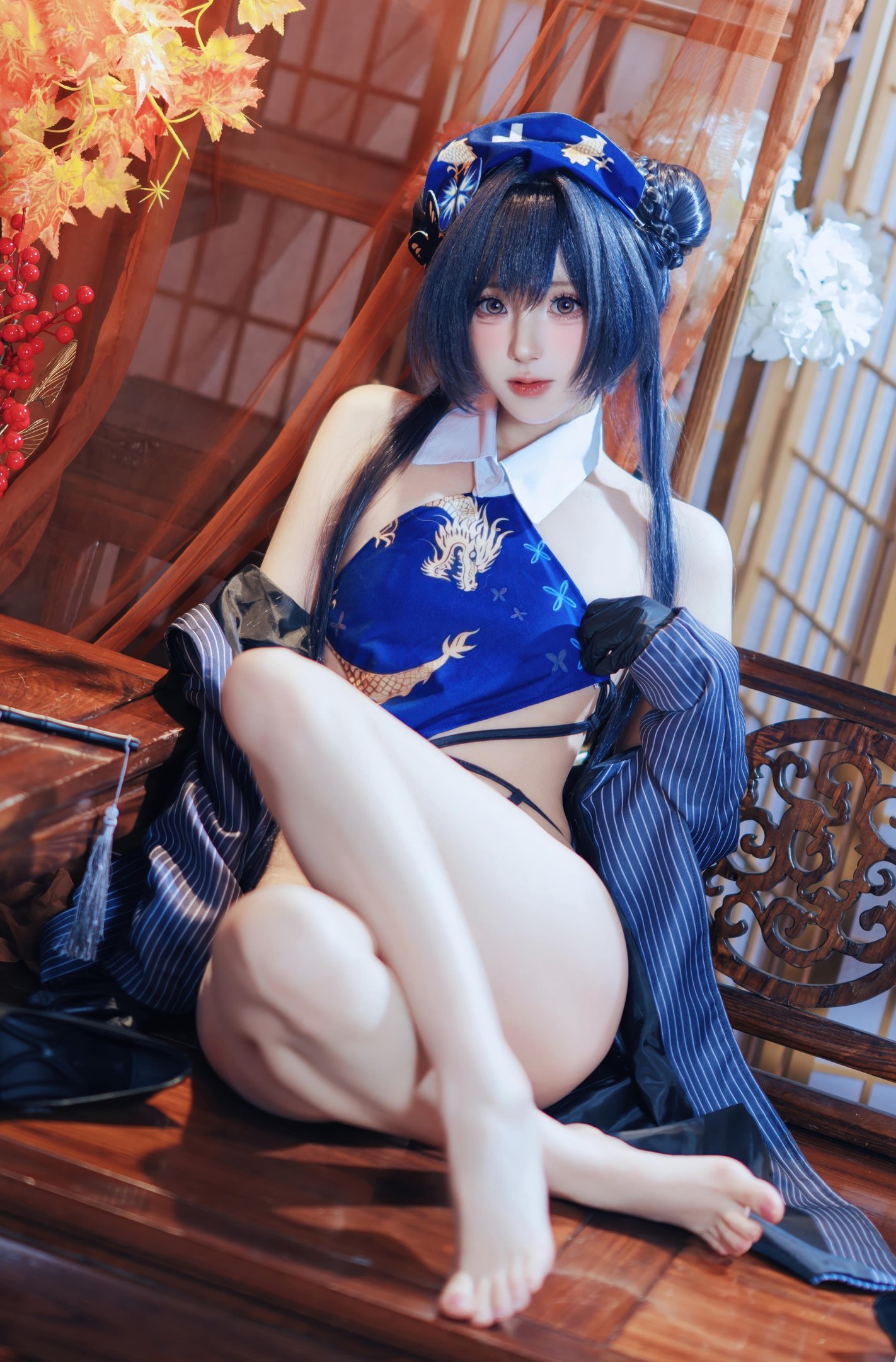 [คอสเพลย์] 西园寺南歌 - 蔚蓝档案 妃咲：ชุดกี่เพ้า สีน้ำเงิน ถุงน่องดำ โชว์สะโพก ขนาดใหญ่ 50P