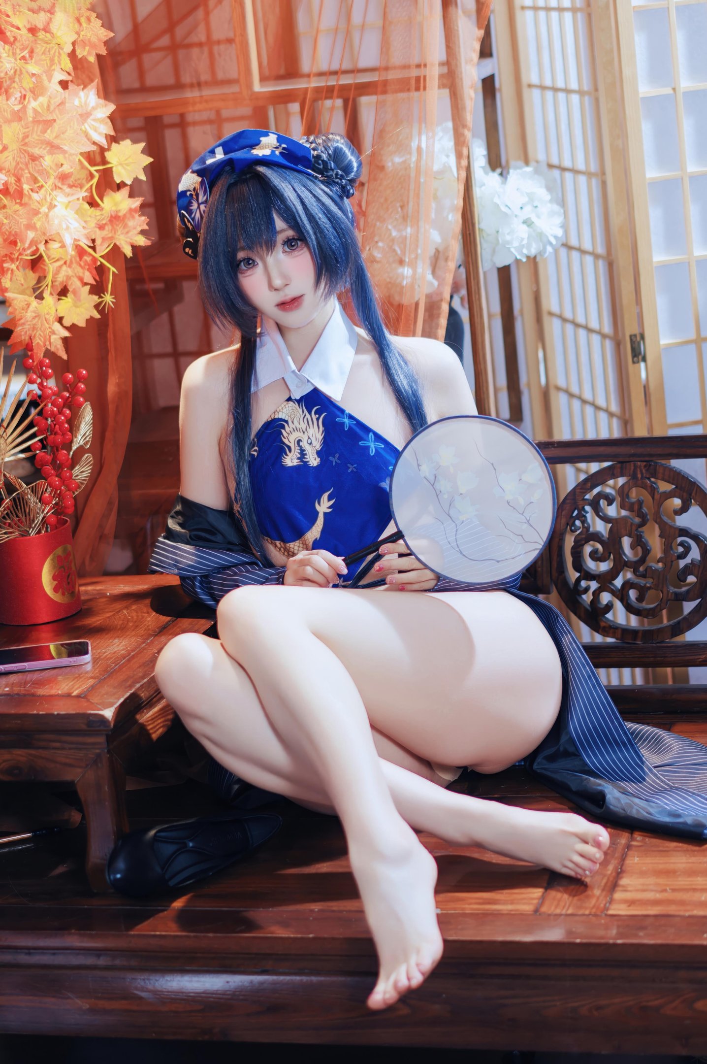 [คอสเพลย์] 西园寺南歌 - 蔚蓝档案 妃咲：ชุดกี่เพ้า สีน้ำเงิน ถุงน่องดำ โชว์สะโพก ขนาดใหญ่ 50P