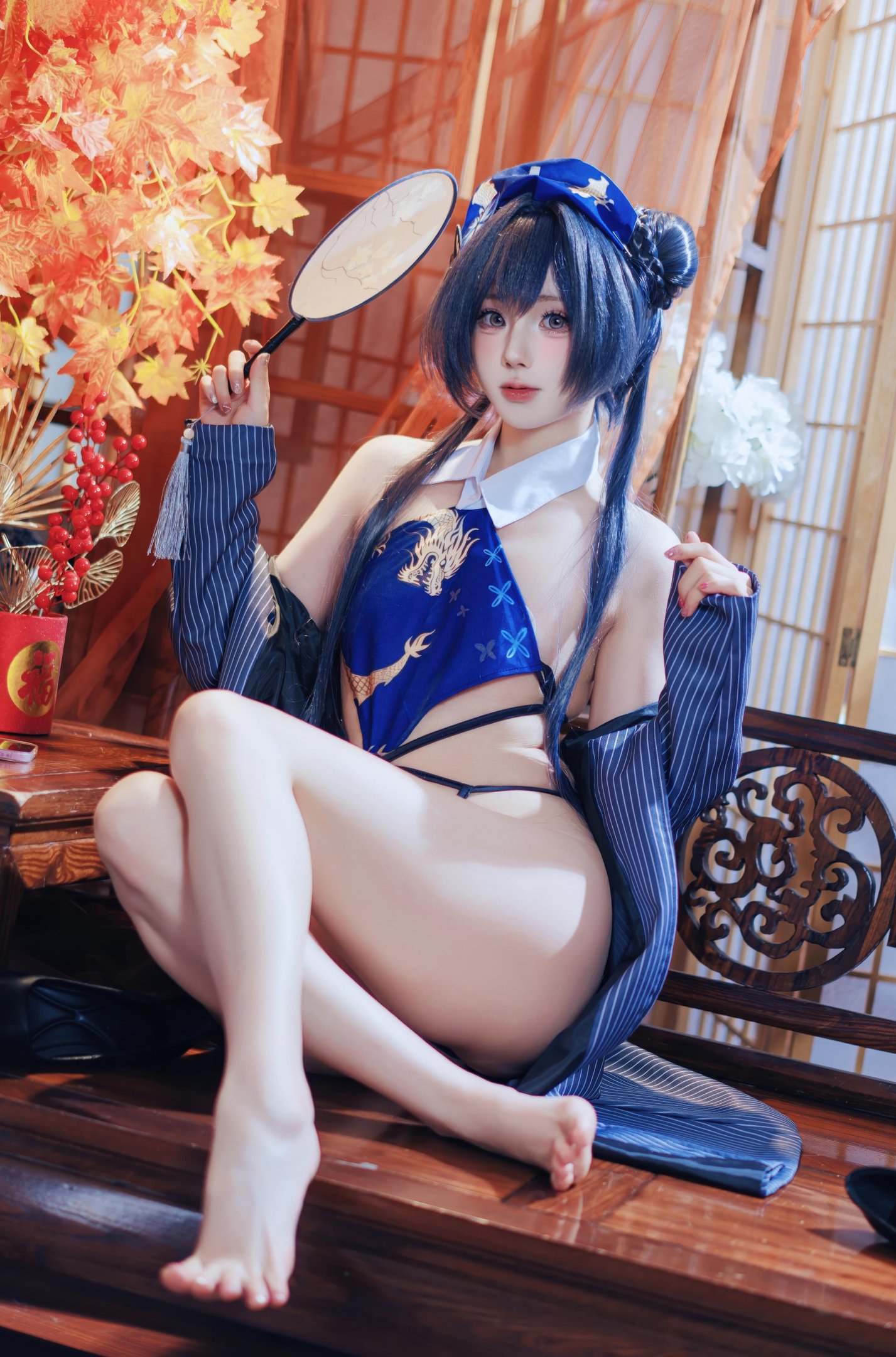 [คอสเพลย์] 西园寺南歌 - 蔚蓝档案 妃咲：ชุดกี่เพ้า สีน้ำเงิน ถุงน่องดำ โชว์สะโพก ขนาดใหญ่ 50P