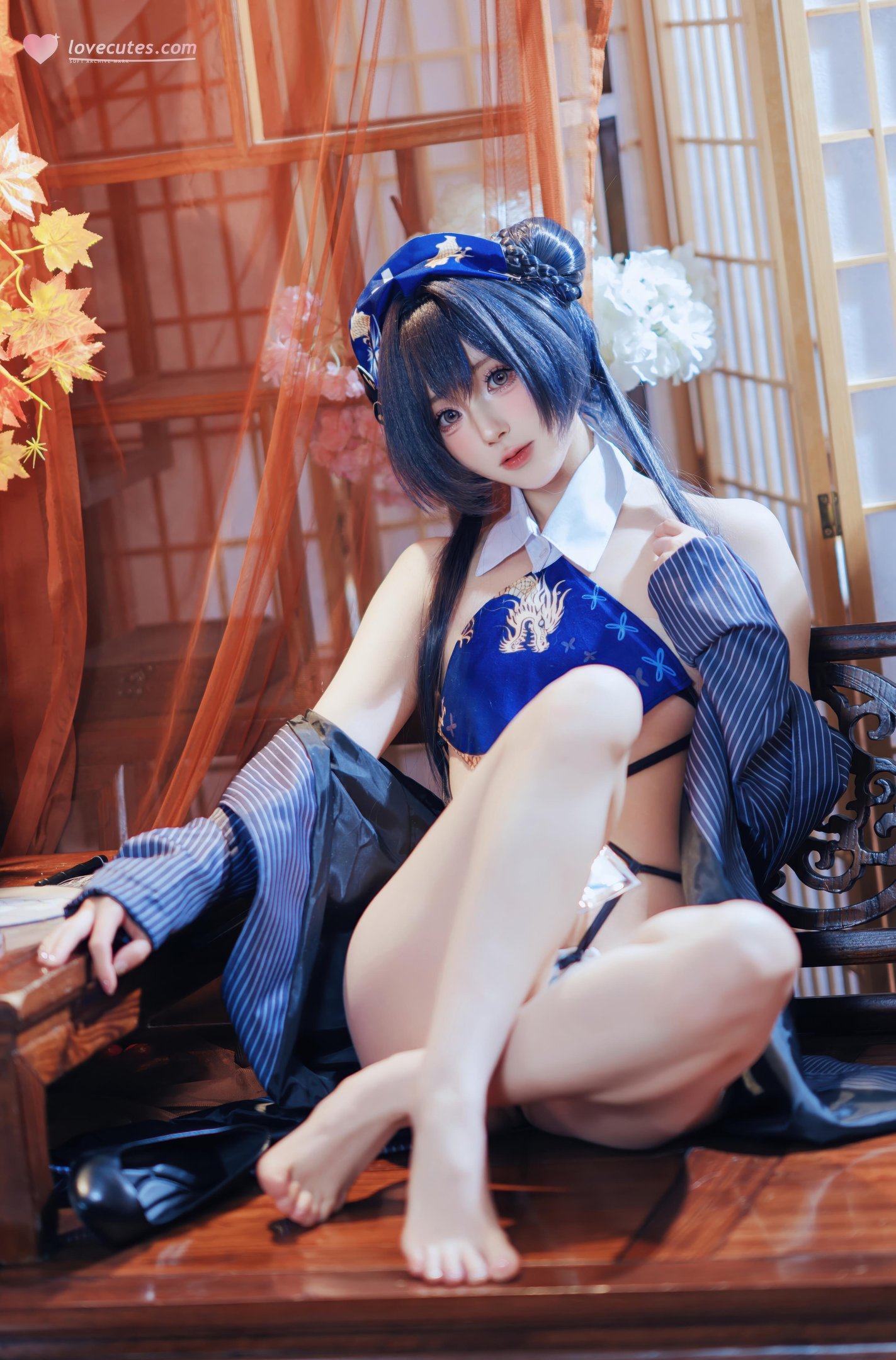 [คอสเพลย์] 西园寺南歌 - 蔚蓝档案 妃咲：ชุดกี่เพ้า สีน้ำเงิน ถุงน่องดำ โชว์สะโพก ขนาดใหญ่ 50P