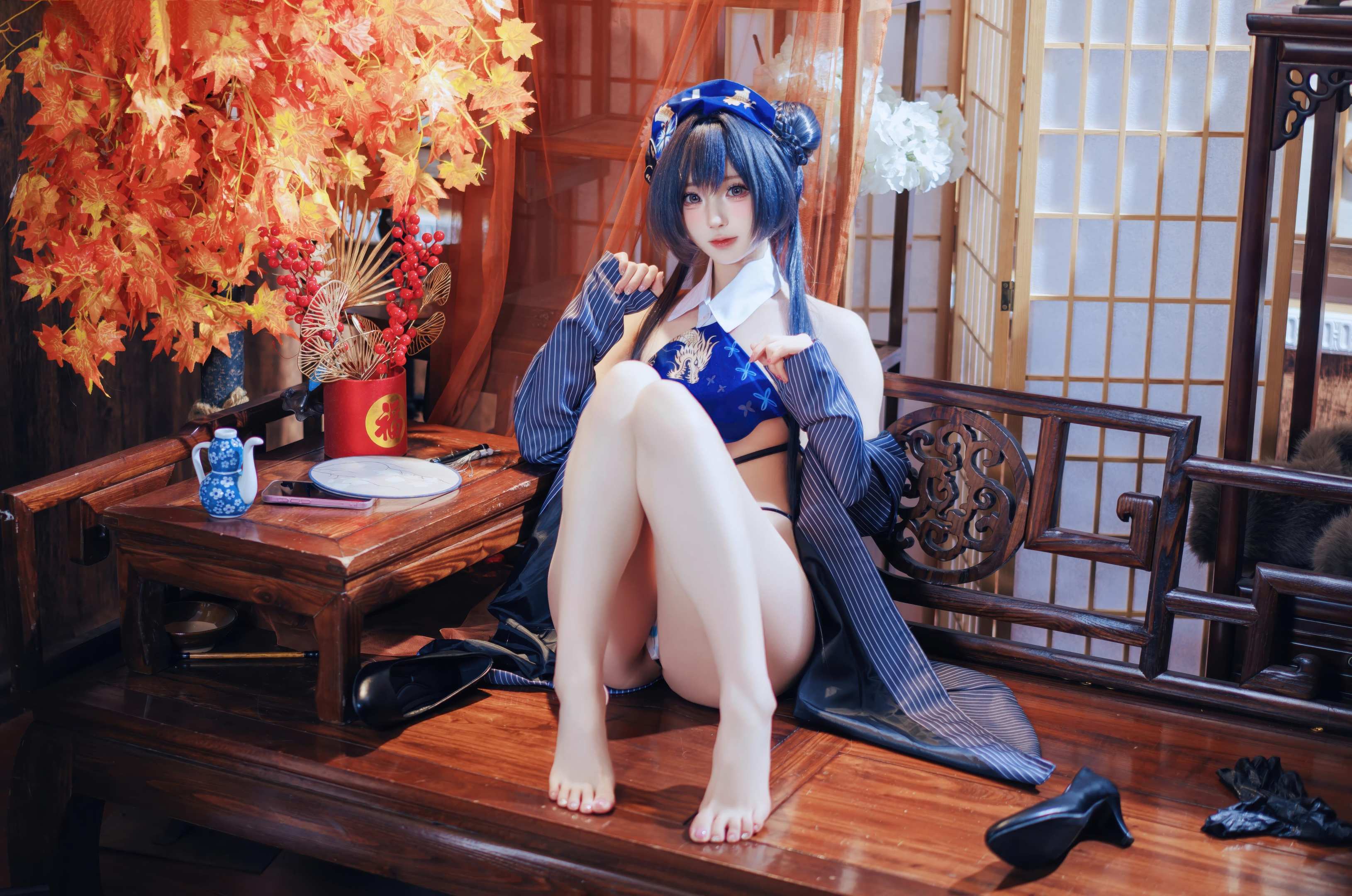 [คอสเพลย์] 西园寺南歌 - 蔚蓝档案 妃咲：ชุดกี่เพ้า สีน้ำเงิน ถุงน่องดำ โชว์สะโพก ขนาดใหญ่ 50P