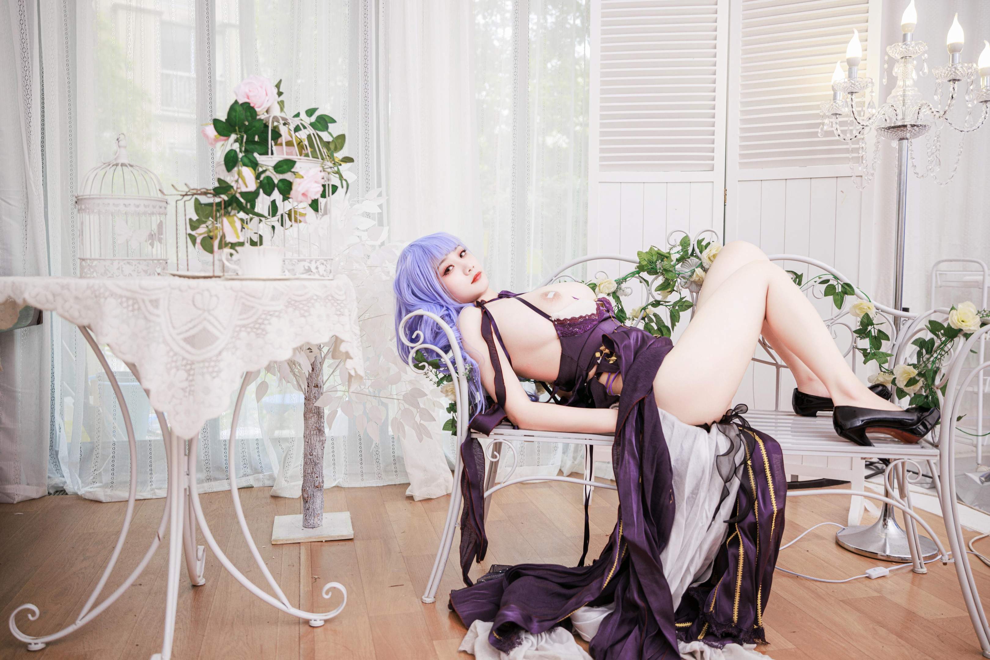 [cosplay] 阿雪雪 - 黛朵礼服：紫发礼裙露点美腿 角色还原 78P