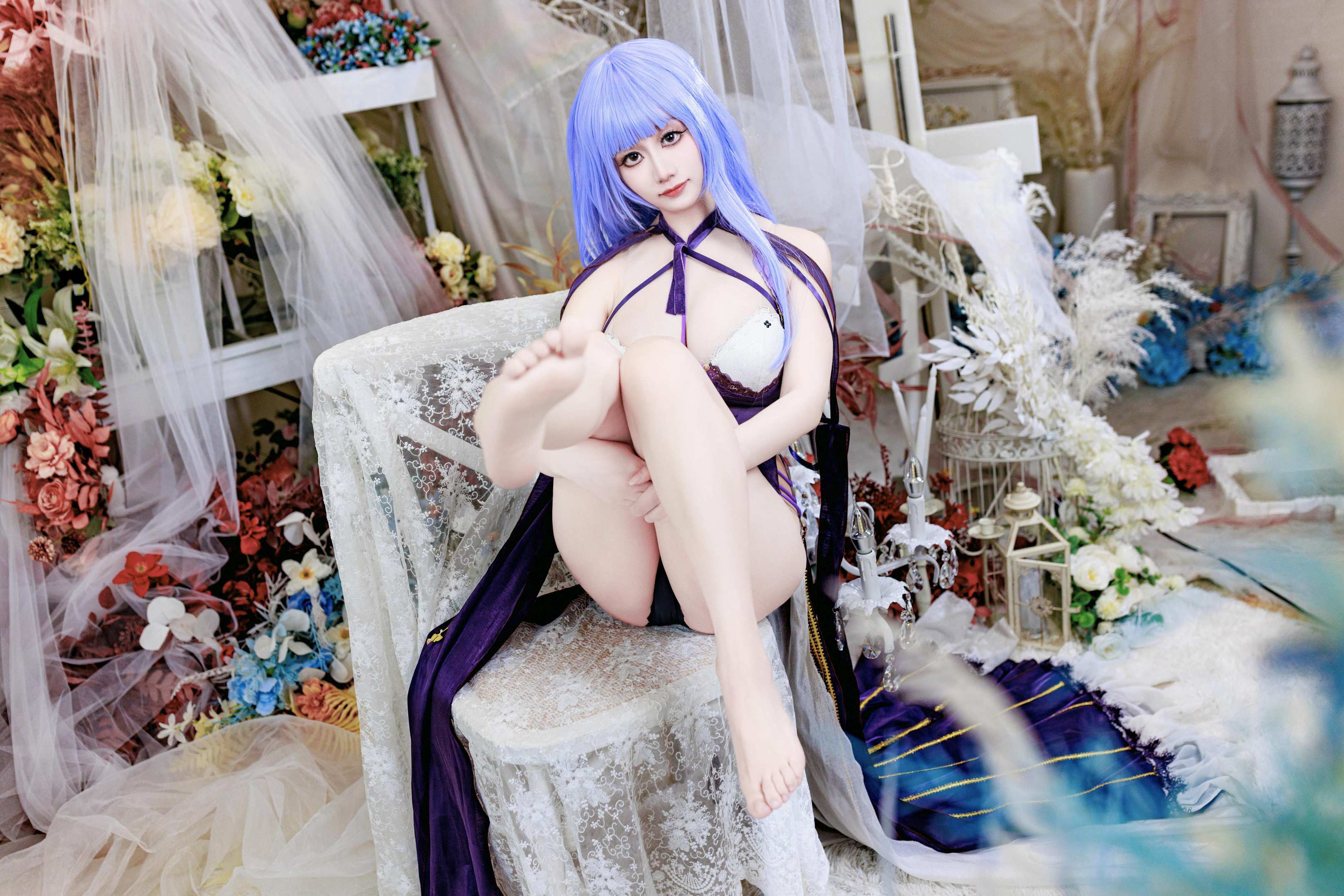 [Cosplay] A Xue Xue - Daito Dress: Purple Hair, Revealing Dress, Beautiful Legs, Character Recreation 78P