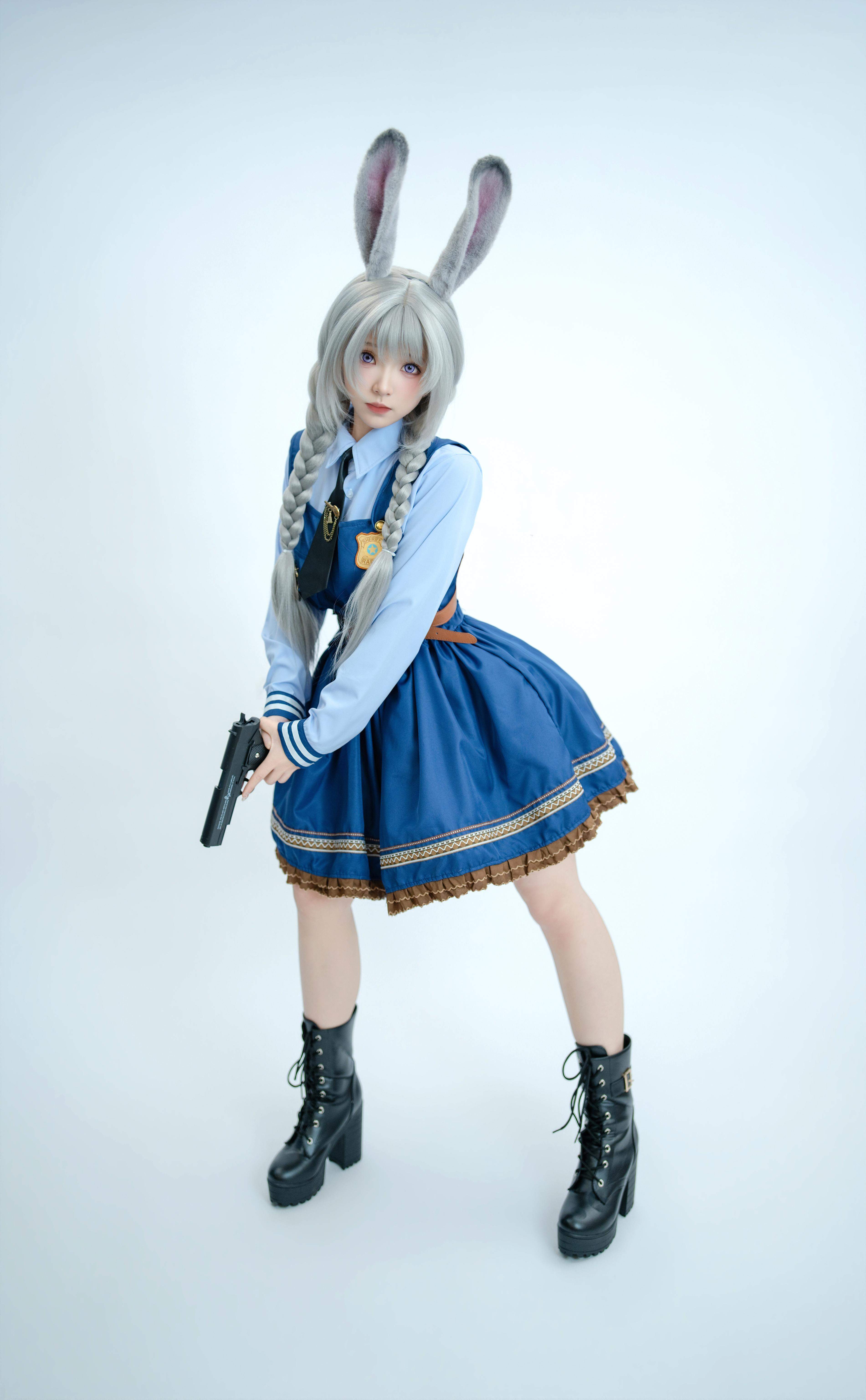 [cosplay] Bangni邦尼 - ตำรวจสาวกระต่าย: ยูนิฟอร์มสีน้ำเงิน หูกระต่าย ขาสูง ผูกเชือก เซ็ตจัดเต็ม 72P8V