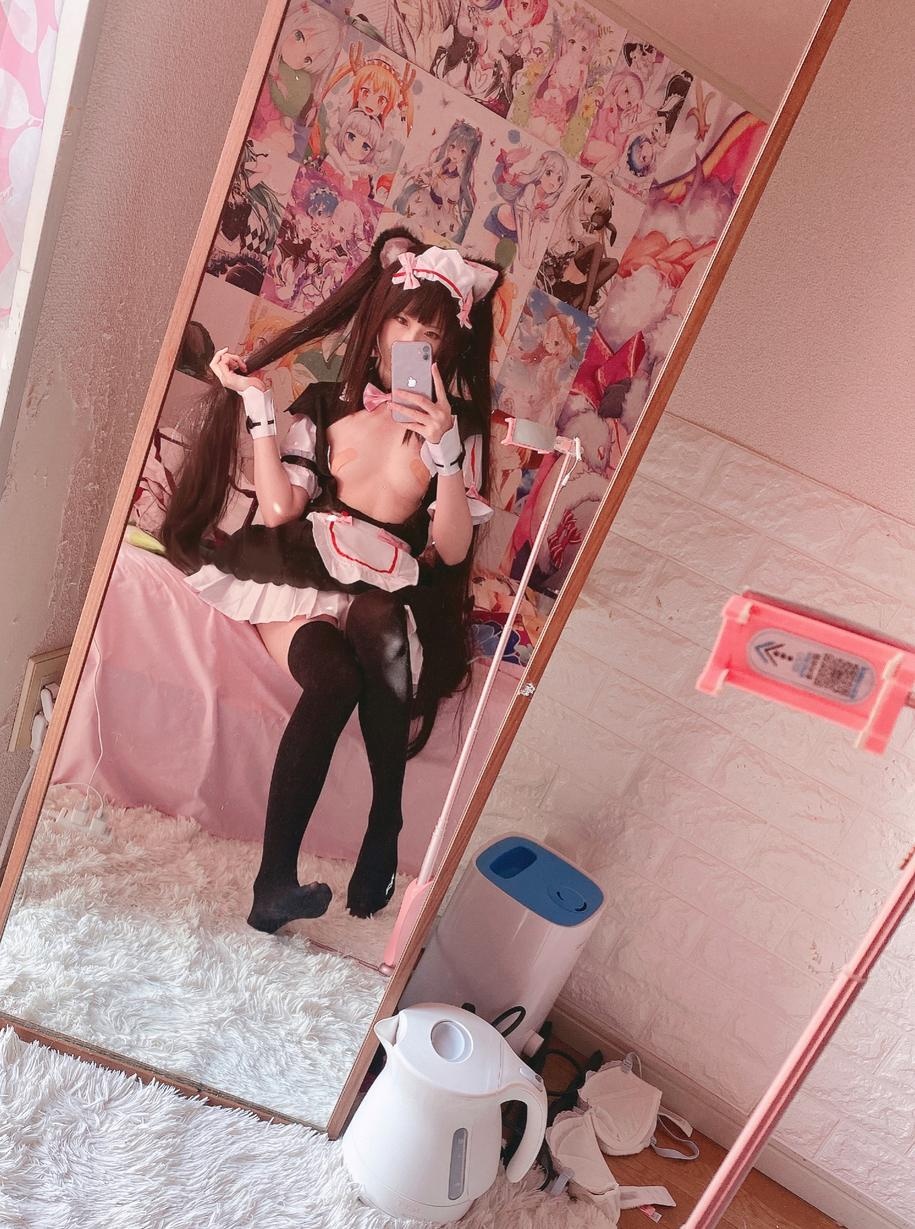 [cosplay] 习呆呆 - 巧克力貓娘：貓耳女僕黑絲全裸自拍 34P2V