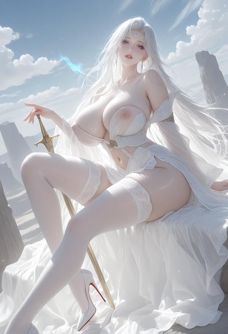 AI Generated Anime Girl - [ManAI] Ancient-Style Beauty Immortal Sect Silver Banquet: White Silk Lace Lingerie Nipple Exposure 94P