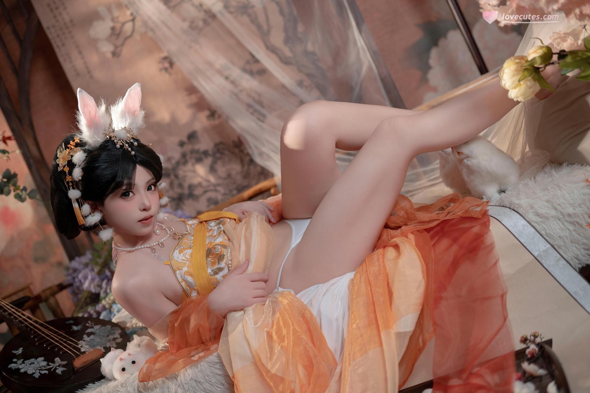 [私房] Bangni邦尼 - เทศกาลไหว้พระจันทร์ กระต่ายหยก: กระโปรงผ้าชีฟองสีส้ม หูกระต่าย ชุดเซ็ตส่วนตัวเทศกาลไหว้พระจันทร์ ขาเรียวยาวโดดเด่น 88P7V