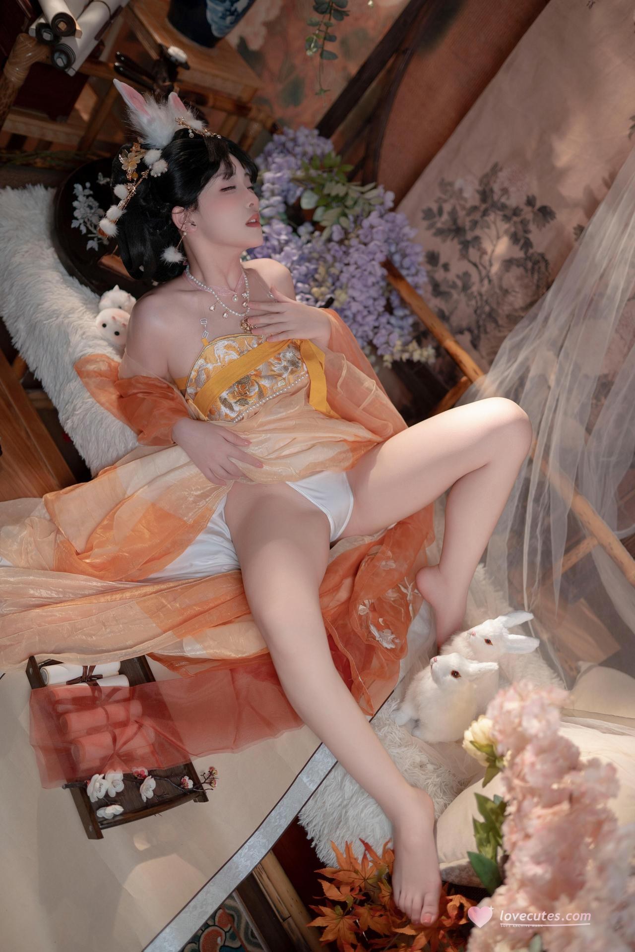 [私房] Bangni邦尼 - เทศกาลไหว้พระจันทร์ กระต่ายหยก: กระโปรงผ้าชีฟองสีส้ม หูกระต่าย ชุดเซ็ตส่วนตัวเทศกาลไหว้พระจันทร์ ขาเรียวยาวโดดเด่น 88P7V