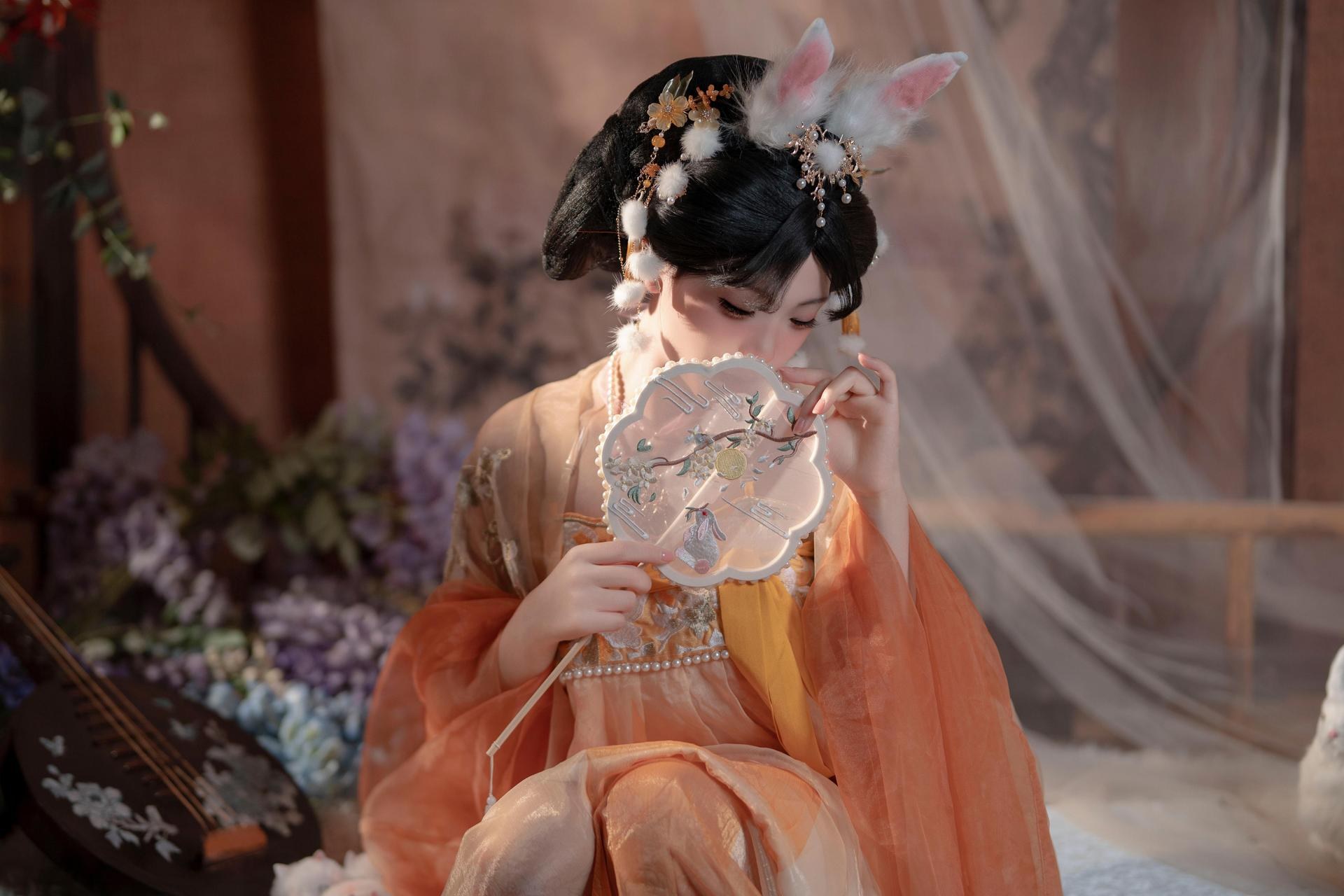 [私房] Bangni邦尼 - เทศกาลไหว้พระจันทร์ กระต่ายหยก: กระโปรงผ้าชีฟองสีส้ม หูกระต่าย ชุดเซ็ตส่วนตัวเทศกาลไหว้พระจันทร์ ขาเรียวยาวโดดเด่น 88P7V