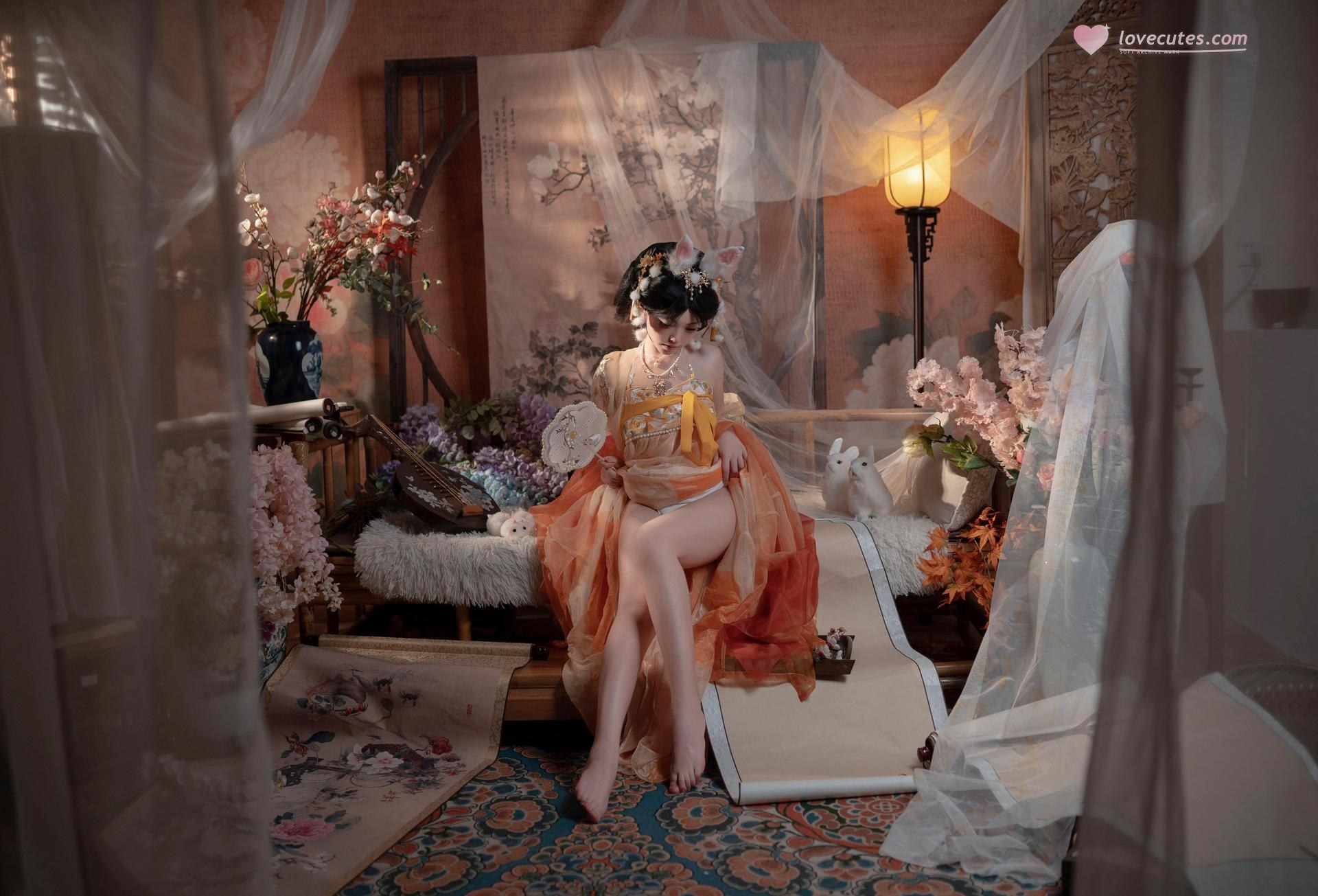 [私房] Bangni邦尼 - เทศกาลไหว้พระจันทร์ กระต่ายหยก: กระโปรงผ้าชีฟองสีส้ม หูกระต่าย ชุดเซ็ตส่วนตัวเทศกาลไหว้พระจันทร์ ขาเรียวยาวโดดเด่น 88P7V