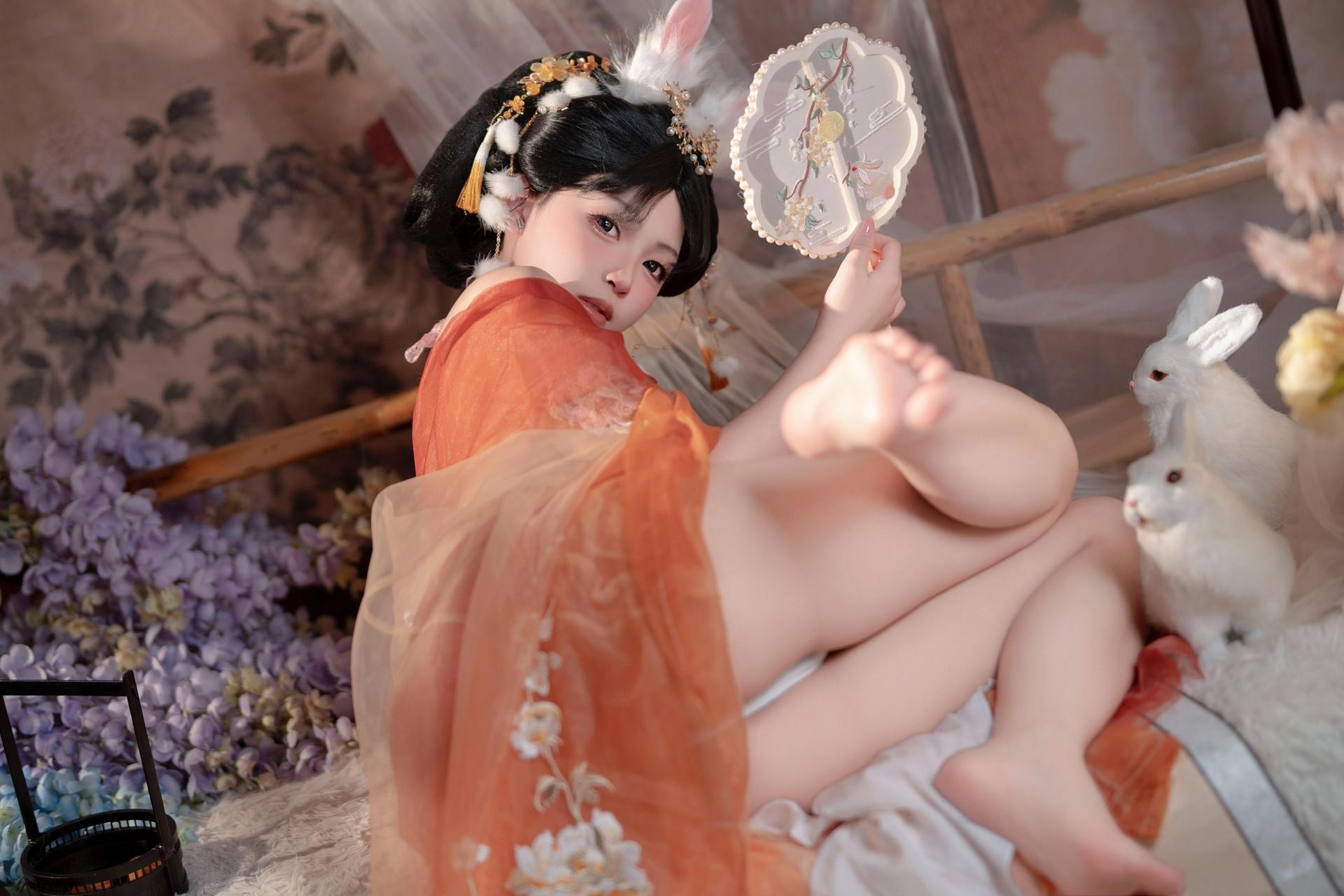 [私房] Bangni邦尼 - เทศกาลไหว้พระจันทร์ กระต่ายหยก: กระโปรงผ้าชีฟองสีส้ม หูกระต่าย ชุดเซ็ตส่วนตัวเทศกาลไหว้พระจันทร์ ขาเรียวยาวโดดเด่น 88P7V