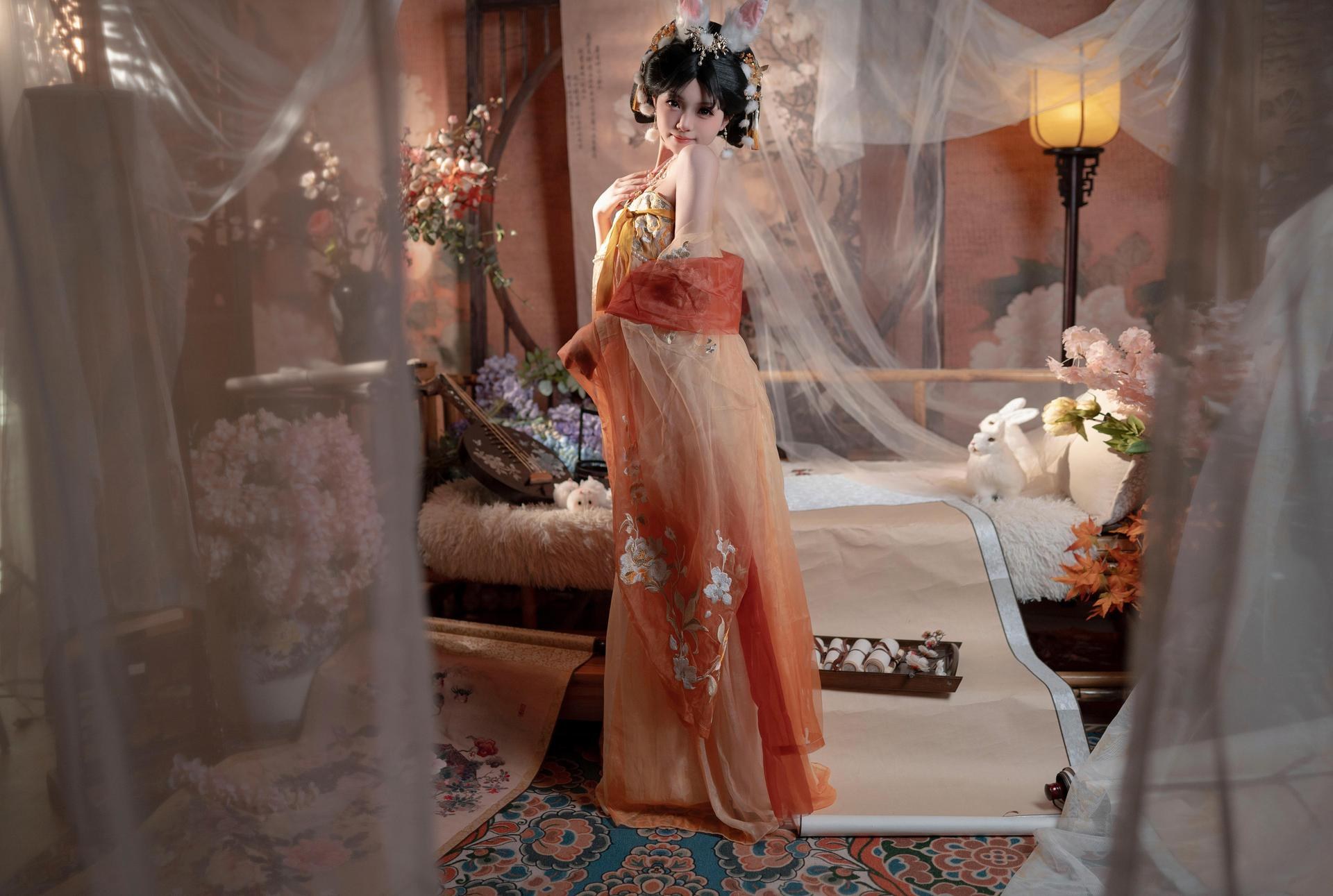 [私房] Bangni邦尼 - เทศกาลไหว้พระจันทร์ กระต่ายหยก: กระโปรงผ้าชีฟองสีส้ม หูกระต่าย ชุดเซ็ตส่วนตัวเทศกาลไหว้พระจันทร์ ขาเรียวยาวโดดเด่น 88P7V