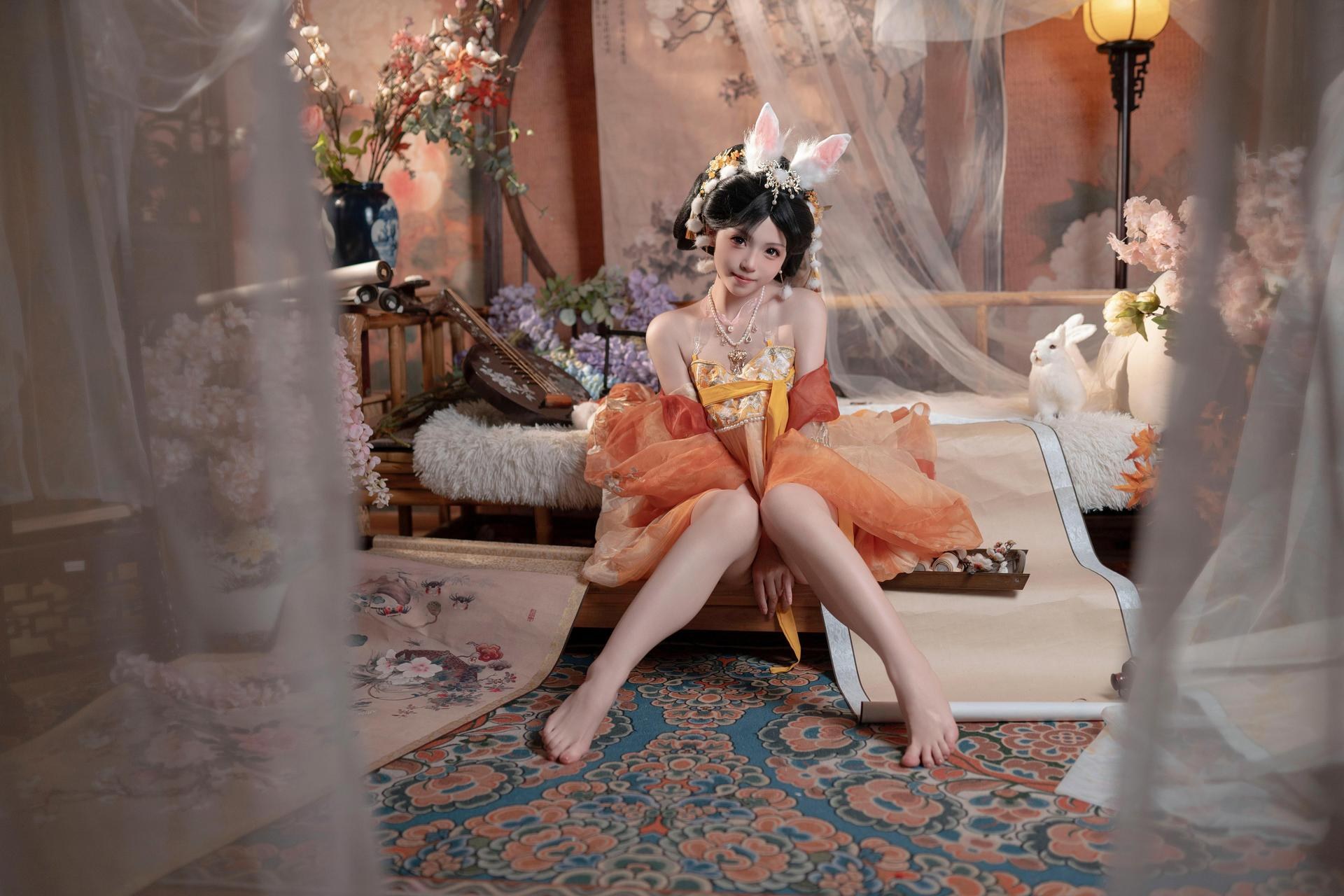 [私房] Bangni邦尼 - เทศกาลไหว้พระจันทร์ กระต่ายหยก: กระโปรงผ้าชีฟองสีส้ม หูกระต่าย ชุดเซ็ตส่วนตัวเทศกาลไหว้พระจันทร์ ขาเรียวยาวโดดเด่น 88P7V
