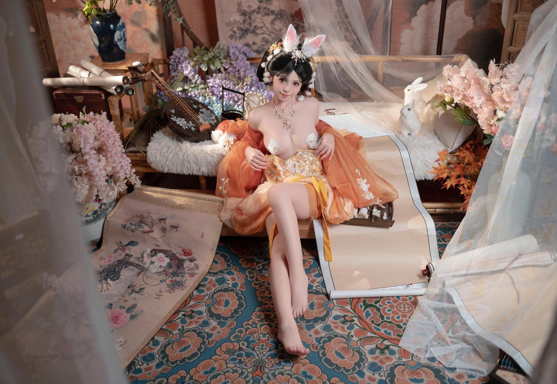 [私房] Bangni邦尼 - เทศกาลไหว้พระจันทร์ กระต่ายหยก: กระโปรงผ้าชีฟองสีส้ม หูกระต่าย ชุดเซ็ตส่วนตัวเทศกาลไหว้พระจันทร์ ขาเรียวยาวโดดเด่น 88P7V