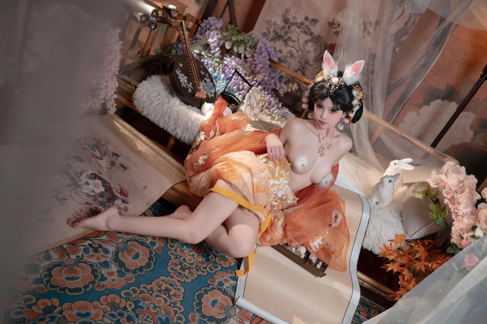 [私房] Bangni邦尼 - เทศกาลไหว้พระจันทร์ กระต่ายหยก: กระโปรงผ้าชีฟองสีส้ม หูกระต่าย ชุดเซ็ตส่วนตัวเทศกาลไหว้พระจันทร์ ขาเรียวยาวโดดเด่น 88P7V