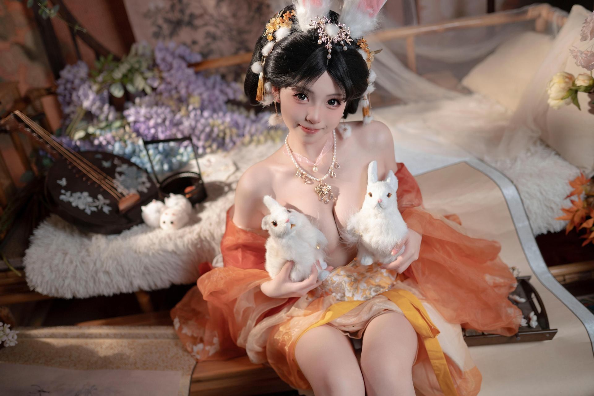 [私房] Bangni邦尼 - เทศกาลไหว้พระจันทร์ กระต่ายหยก: กระโปรงผ้าชีฟองสีส้ม หูกระต่าย ชุดเซ็ตส่วนตัวเทศกาลไหว้พระจันทร์ ขาเรียวยาวโดดเด่น 88P7V