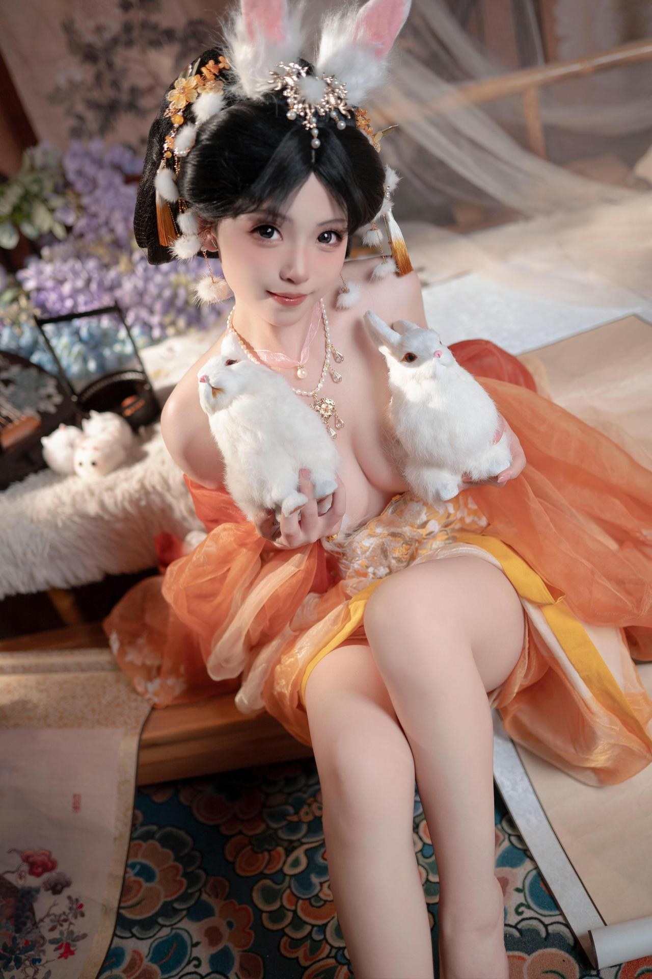 [私房] Bangni邦尼 - เทศกาลไหว้พระจันทร์ กระต่ายหยก: กระโปรงผ้าชีฟองสีส้ม หูกระต่าย ชุดเซ็ตส่วนตัวเทศกาลไหว้พระจันทร์ ขาเรียวยาวโดดเด่น 88P7V
