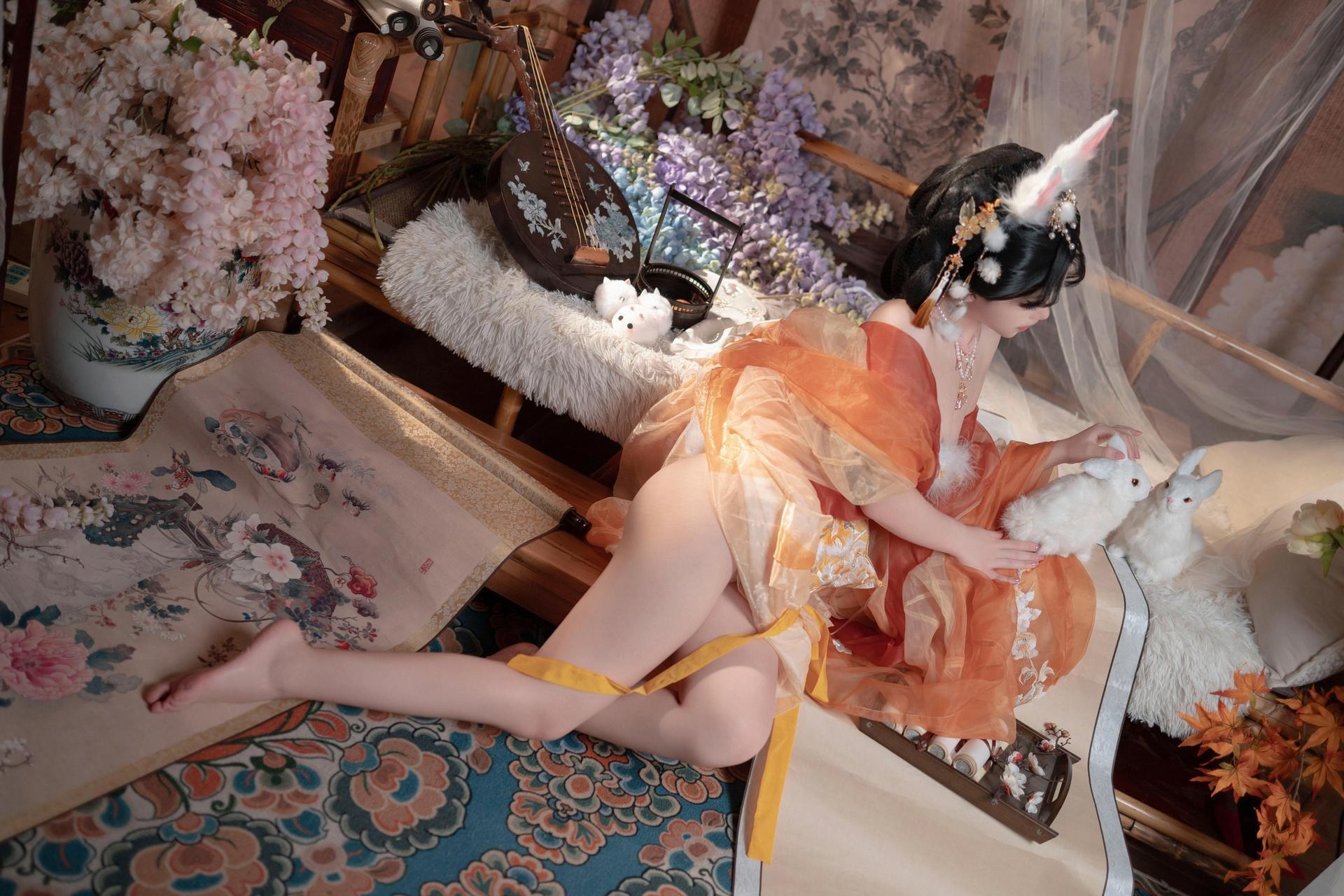 [私房] Bangni邦尼 - เทศกาลไหว้พระจันทร์ กระต่ายหยก: กระโปรงผ้าชีฟองสีส้ม หูกระต่าย ชุดเซ็ตส่วนตัวเทศกาลไหว้พระจันทร์ ขาเรียวยาวโดดเด่น 88P7V
