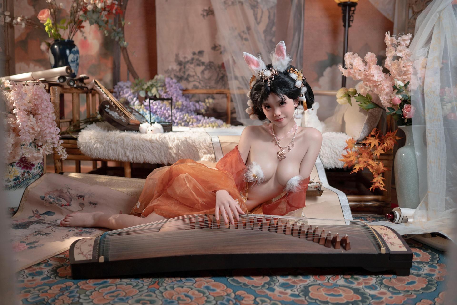 [私房] Bangni邦尼 - เทศกาลไหว้พระจันทร์ กระต่ายหยก: กระโปรงผ้าชีฟองสีส้ม หูกระต่าย ชุดเซ็ตส่วนตัวเทศกาลไหว้พระจันทร์ ขาเรียวยาวโดดเด่น 88P7V