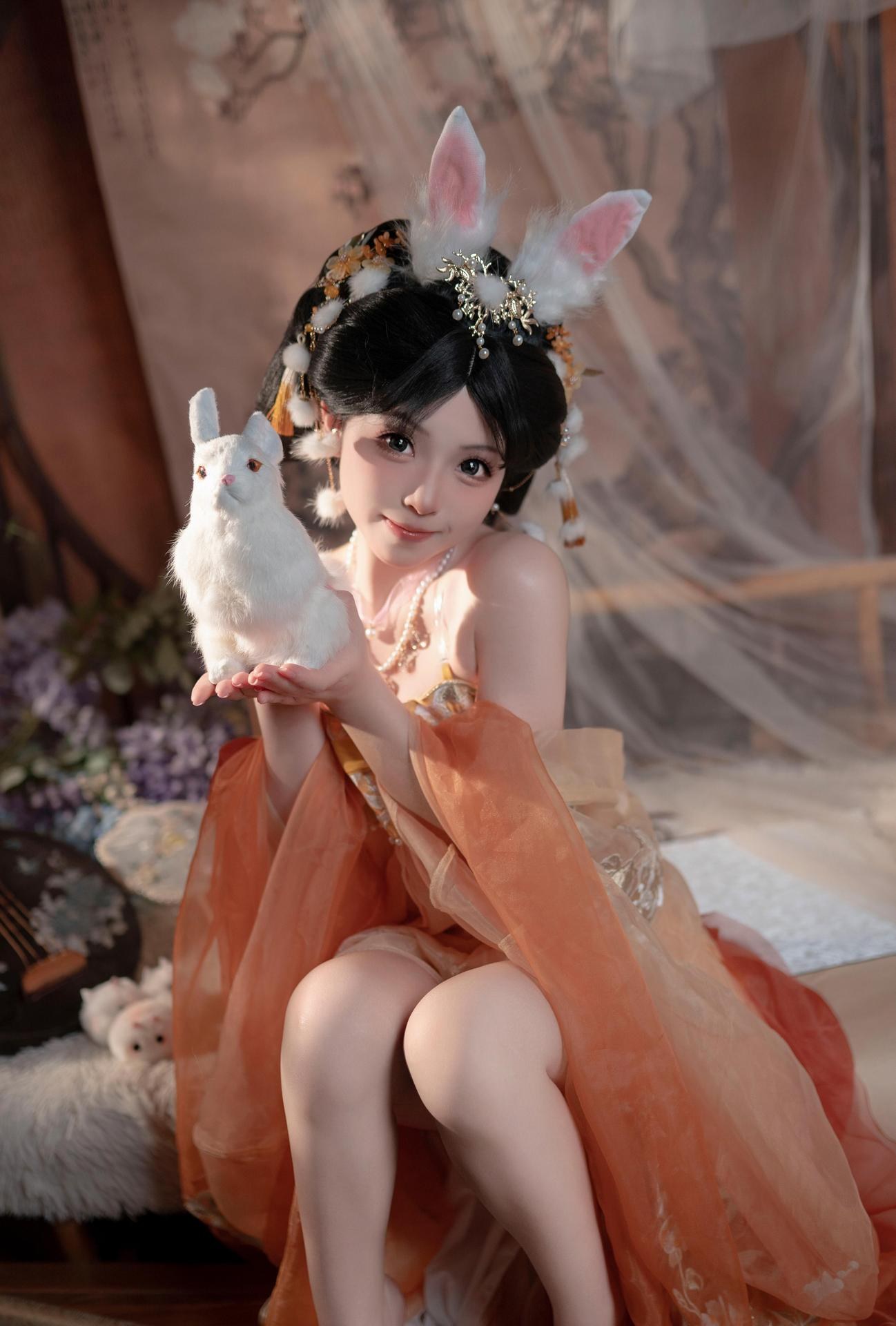 [私房] Bangni邦尼 - เทศกาลไหว้พระจันทร์ กระต่ายหยก: กระโปรงผ้าชีฟองสีส้ม หูกระต่าย ชุดเซ็ตส่วนตัวเทศกาลไหว้พระจันทร์ ขาเรียวยาวโดดเด่น 88P7V