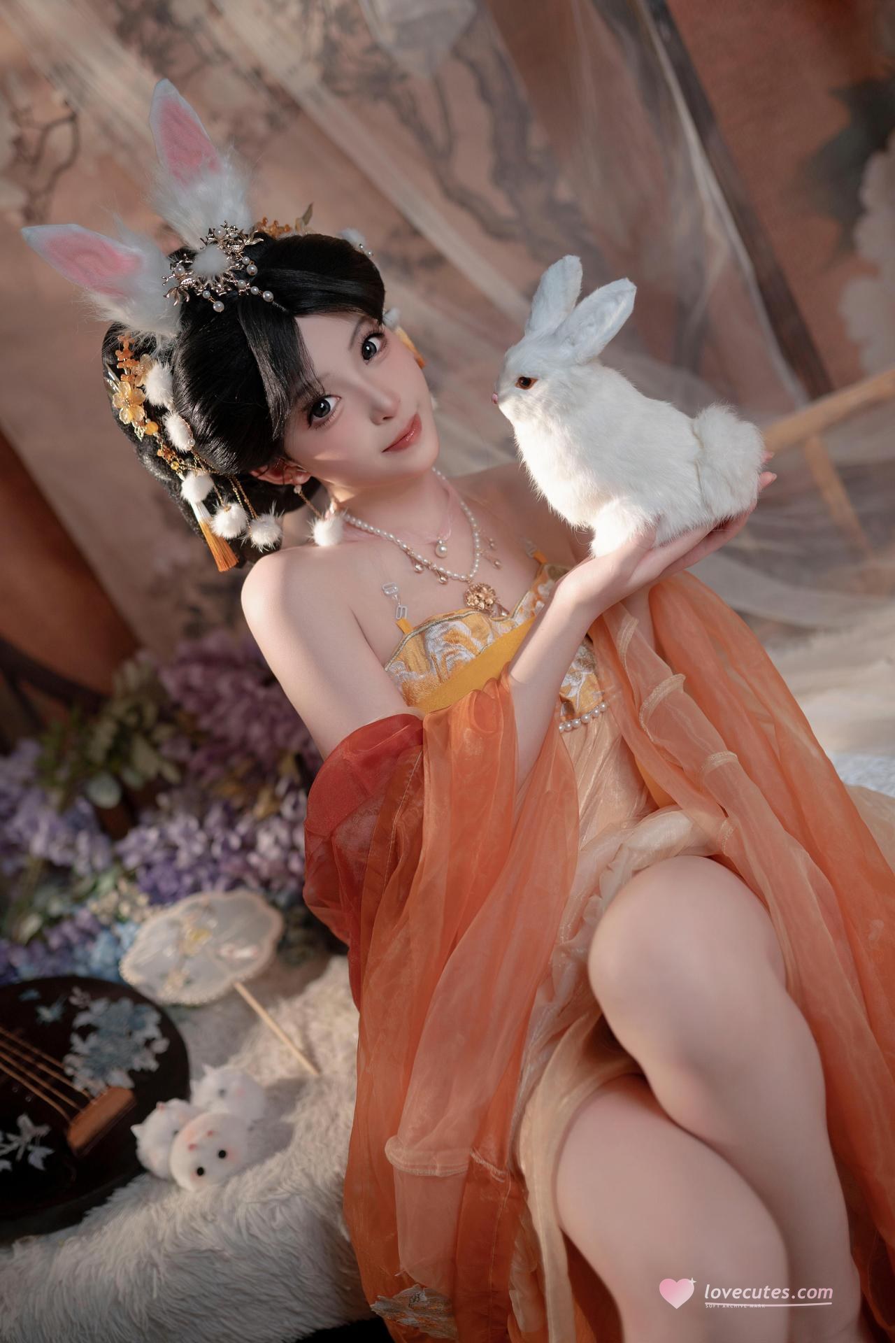 [私房] Bangni邦尼 - เทศกาลไหว้พระจันทร์ กระต่ายหยก: กระโปรงผ้าชีฟองสีส้ม หูกระต่าย ชุดเซ็ตส่วนตัวเทศกาลไหว้พระจันทร์ ขาเรียวยาวโดดเด่น 88P7V