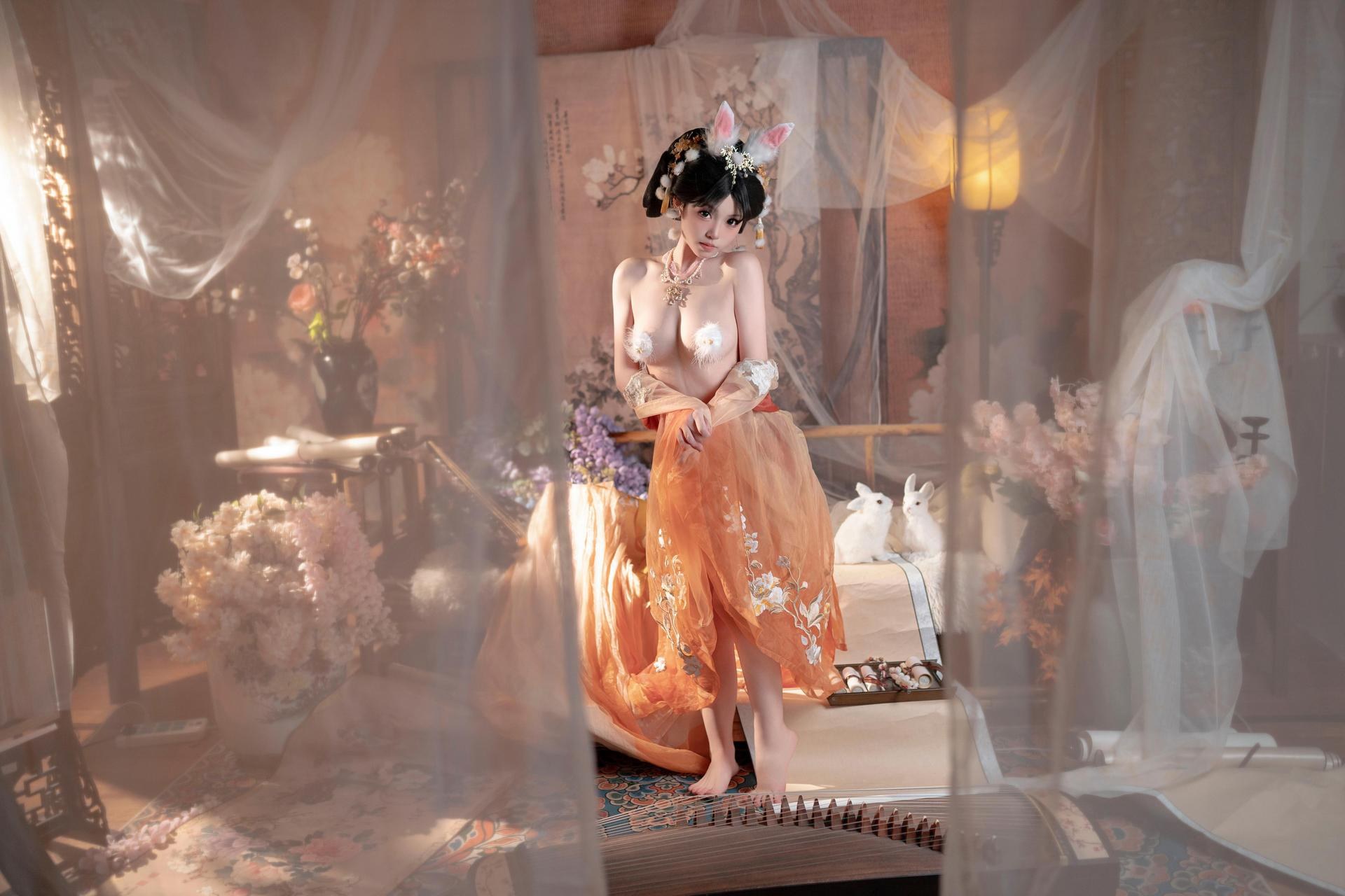 [私房] Bangni邦尼 - Thỏ Ngọc Tết Trung Thu: váy voan màu cam, tai thỏ, ảnh riêng tư dịp Trung Thu, chân dài quy mô lớn 88P7V