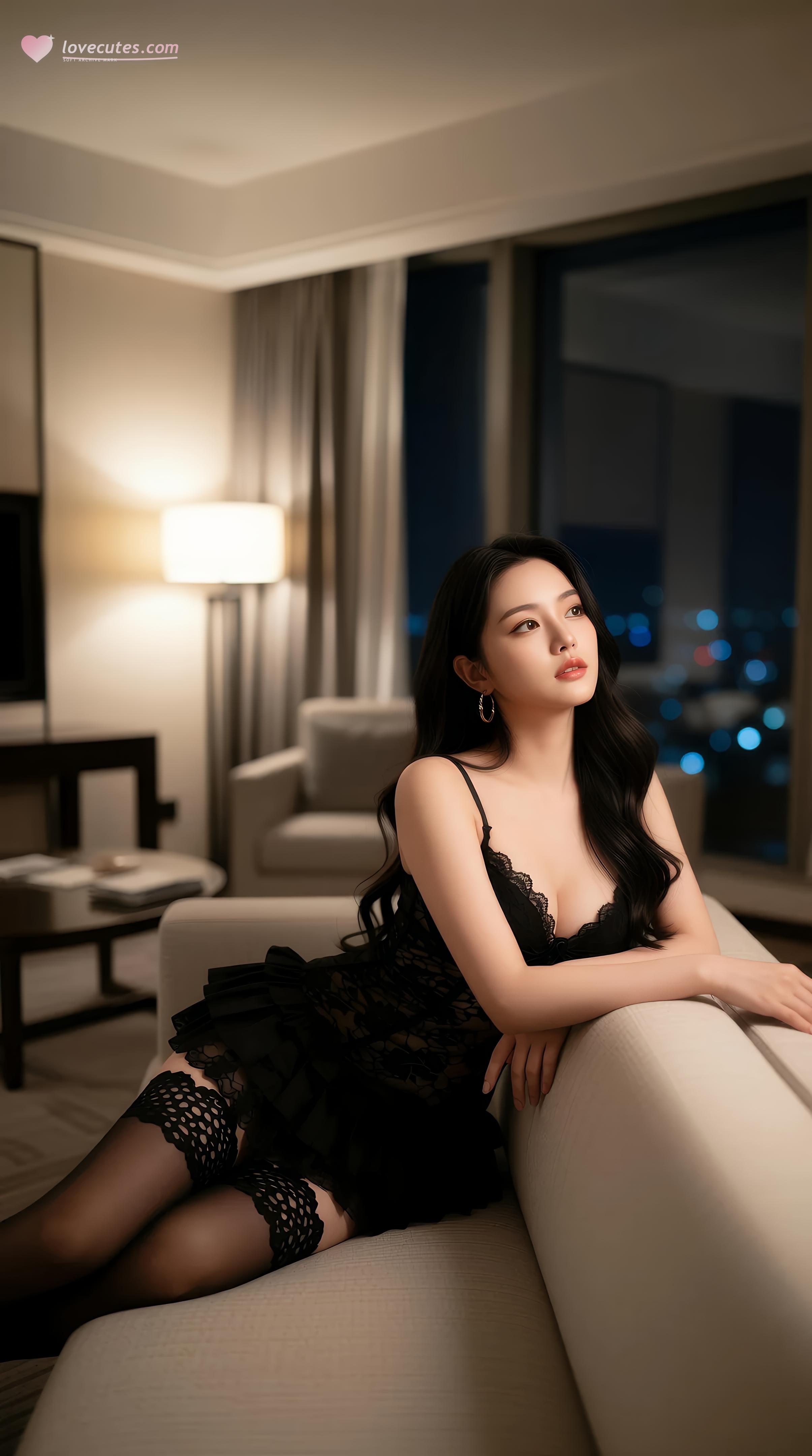 [AI美女] 樂瑤 - 酒店黑蕾絲內衣：夜景窗邊黑絲美腿 86P