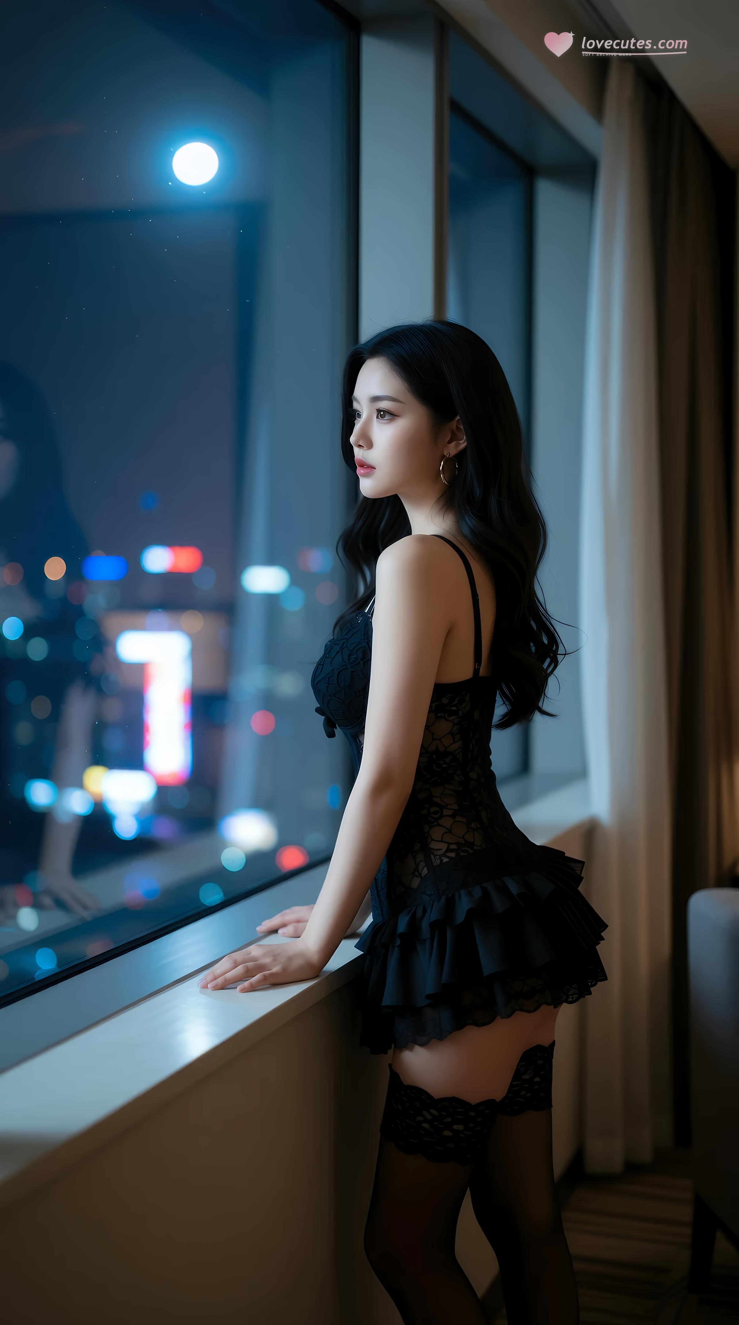 [AI美女] 러야오 - 호텔 블랙 레이스 란제리: 야경 창가 블랙 스타킹 각선미 86P