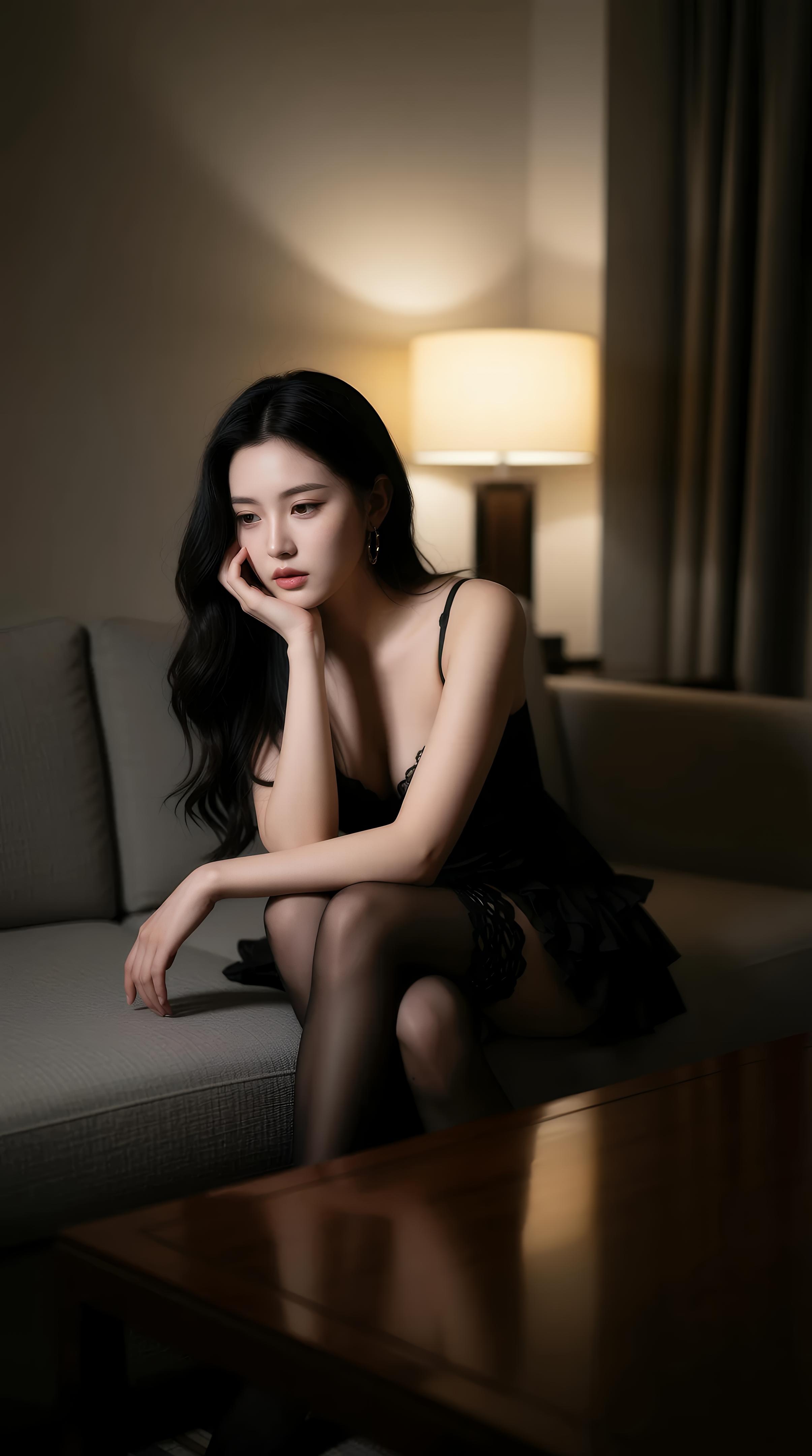 [AI美女] Lạc Dao - Nội y ren đen trong khách sạn: chân dài tất đen bên cửa sổ đêm 86P