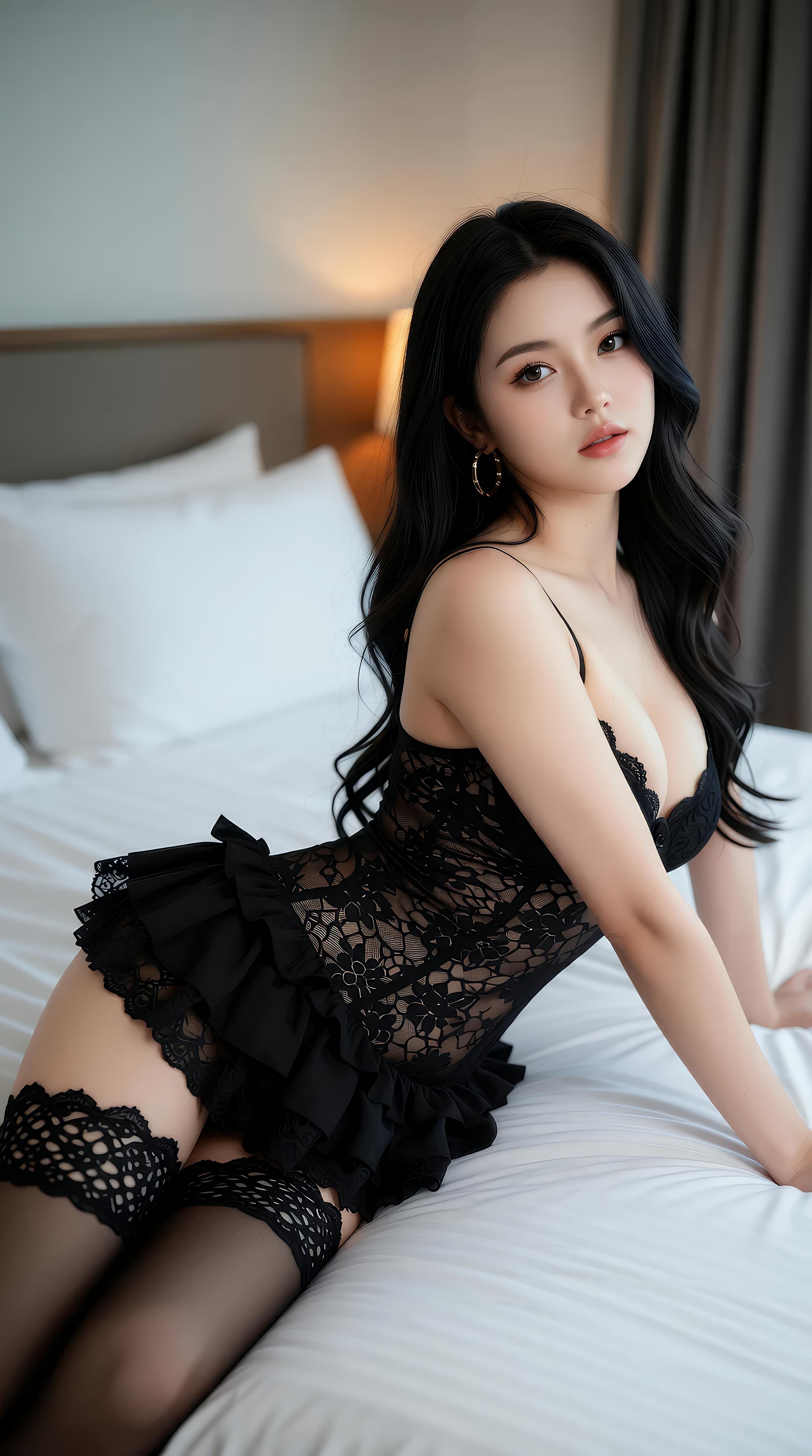 [AI美女] Lạc Dao - Nội y ren đen trong khách sạn: chân dài tất đen bên cửa sổ đêm 86P