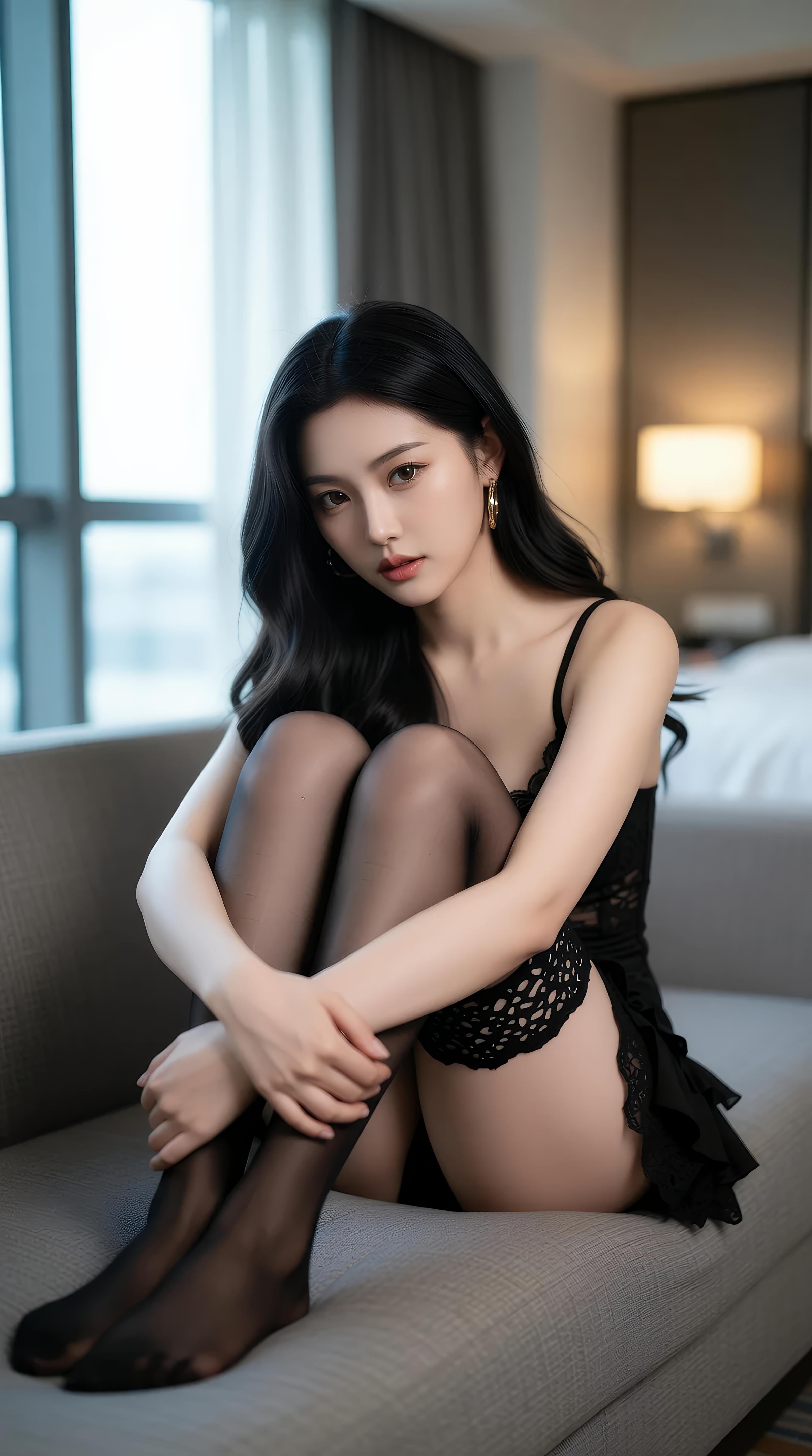 [AI美女] Lạc Dao - Nội y ren đen trong khách sạn: chân dài tất đen bên cửa sổ đêm 86P