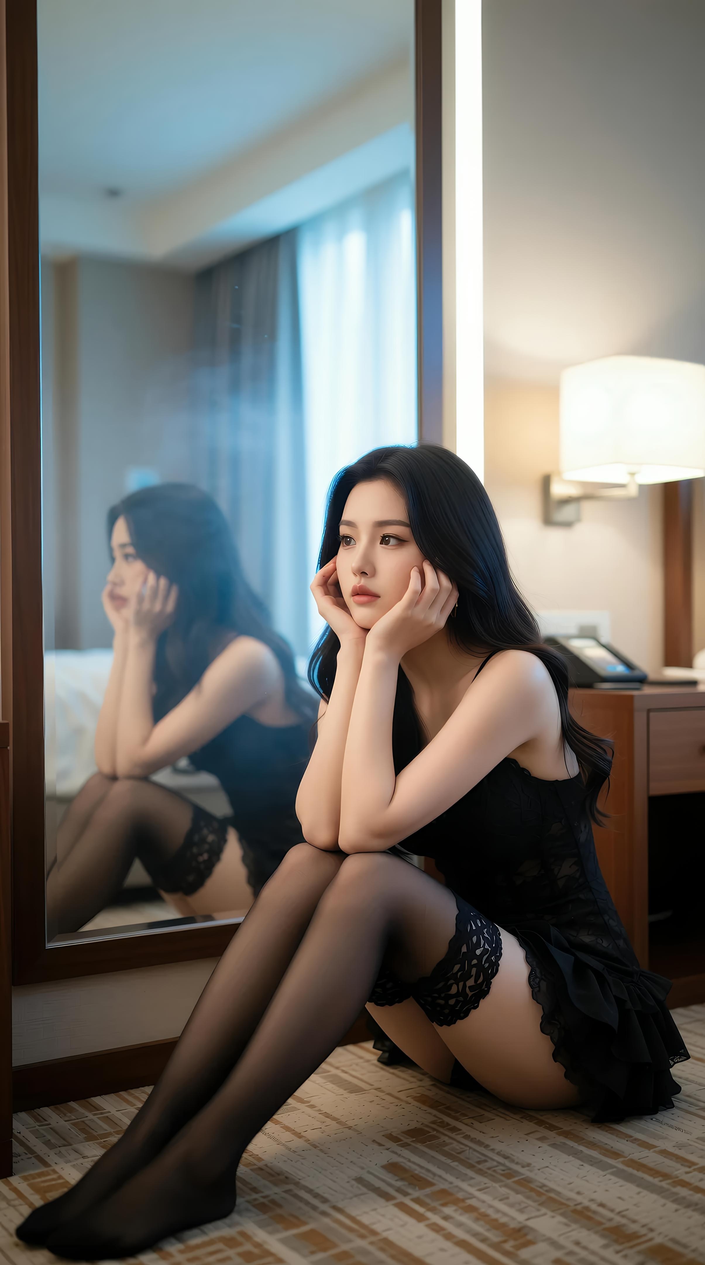 [AI Beauty] Le Yao - Hotel Black Lace Lingerie: Night View by the Window in Black Stockings and Long Legs 86P