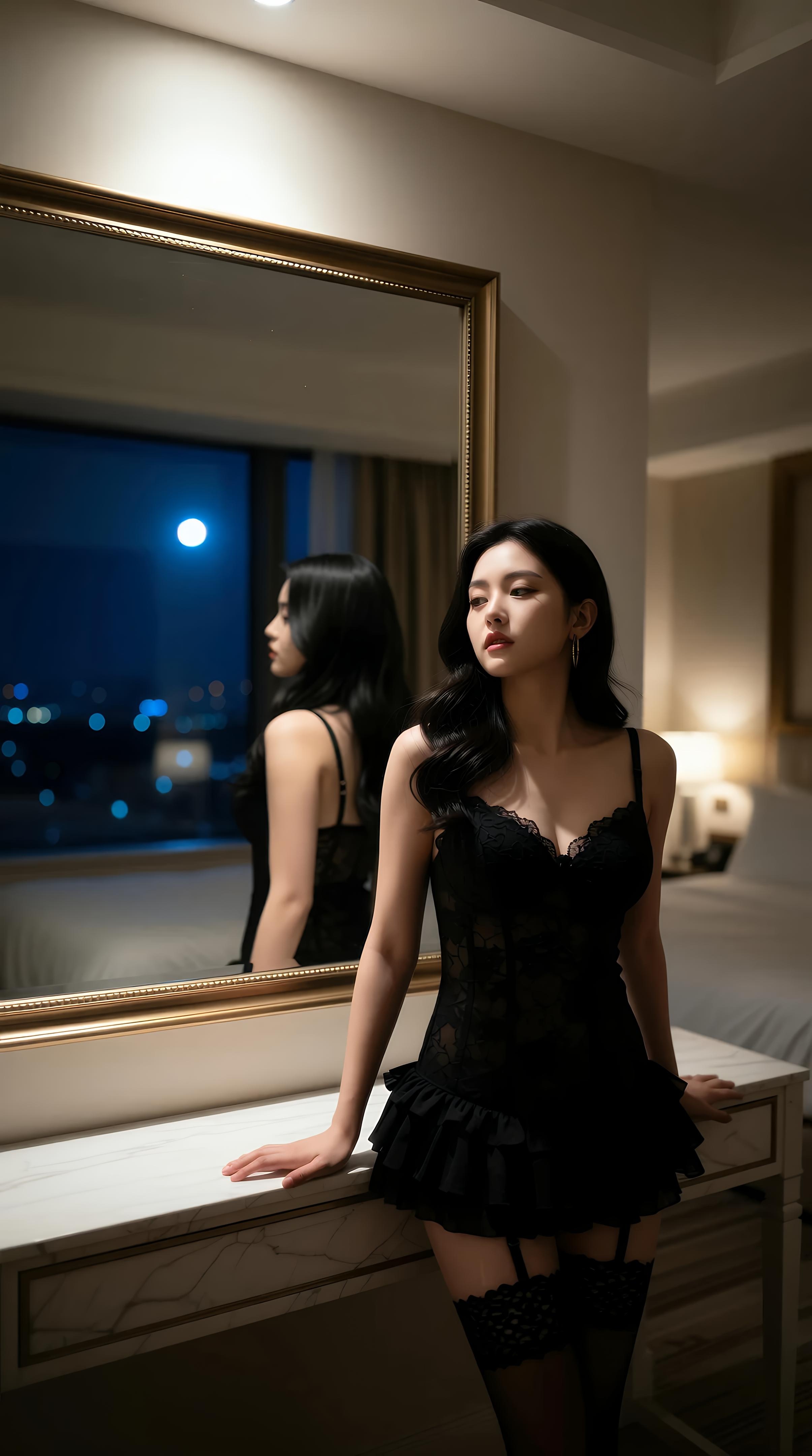 [AI Beauty] Le Yao - Hotel Black Lace Lingerie: Night View by the Window in Black Stockings and Long Legs 86P