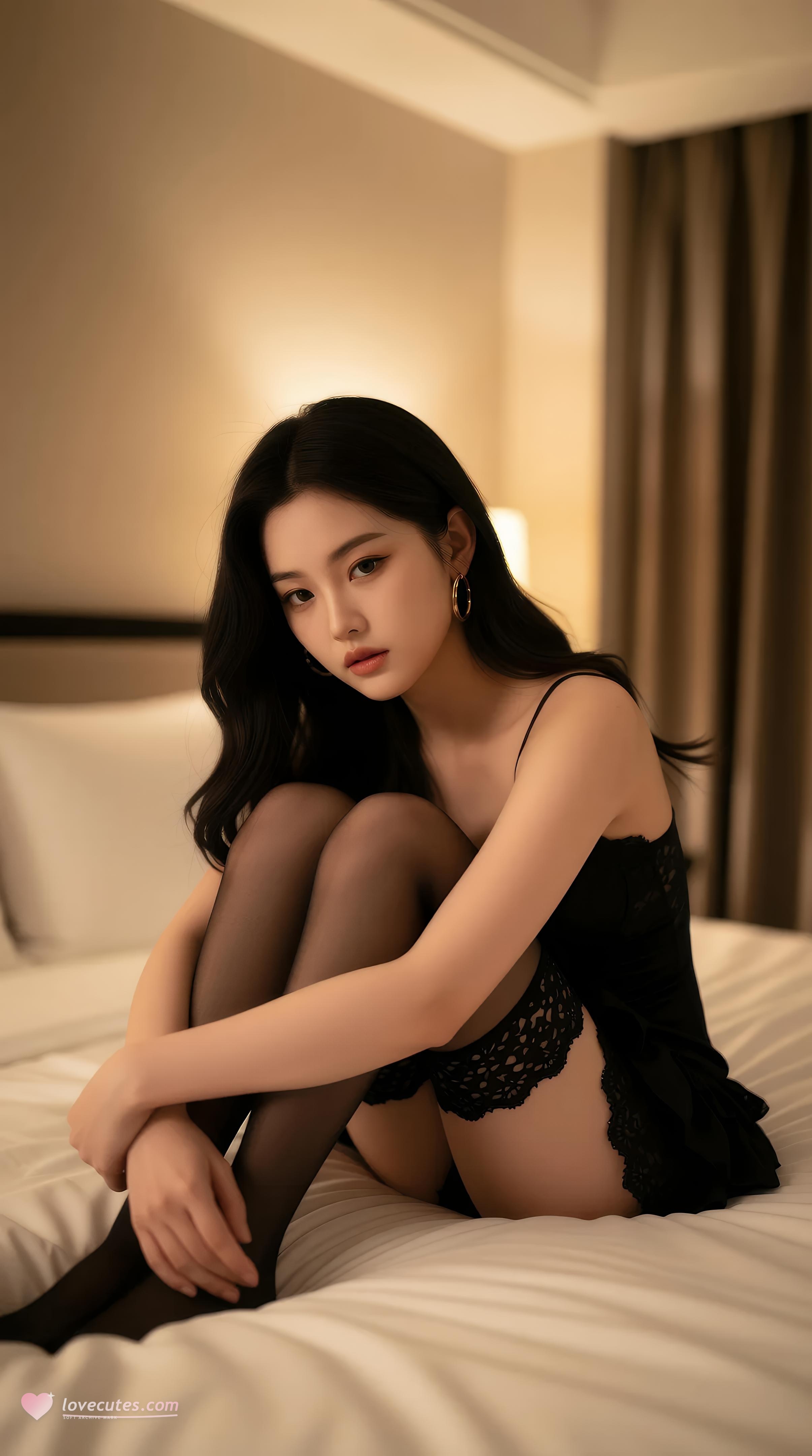 [AI Beauty] Le Yao - Hotel Black Lace Lingerie: Night View by the Window in Black Stockings and Long Legs 86P